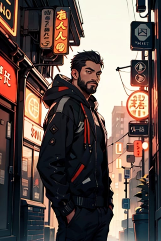 (masterpiece), perfect artwork, best quality, high resolution, hooded man, cyborg, hidden face, beard, highly detailed, detailed background neon city, perfect lighting, (1boy, solo), casual outfit, posing, jensenDX, black hair, short hair