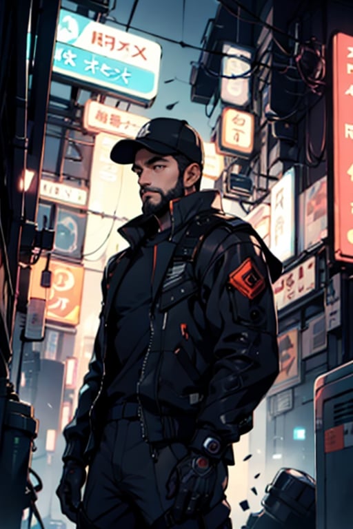 (masterpiece), perfect artwork, best quality, high resolution, photo of a man with a cap on top of roof at morning, centered, cyborg, high detailed face, beard, highly detailed, detailed background neon industrial, perfect lighting, cyberpunk, techwear, (1boy, solo), casual outfit, posing, cap, jensenDX, black hair, short hair
