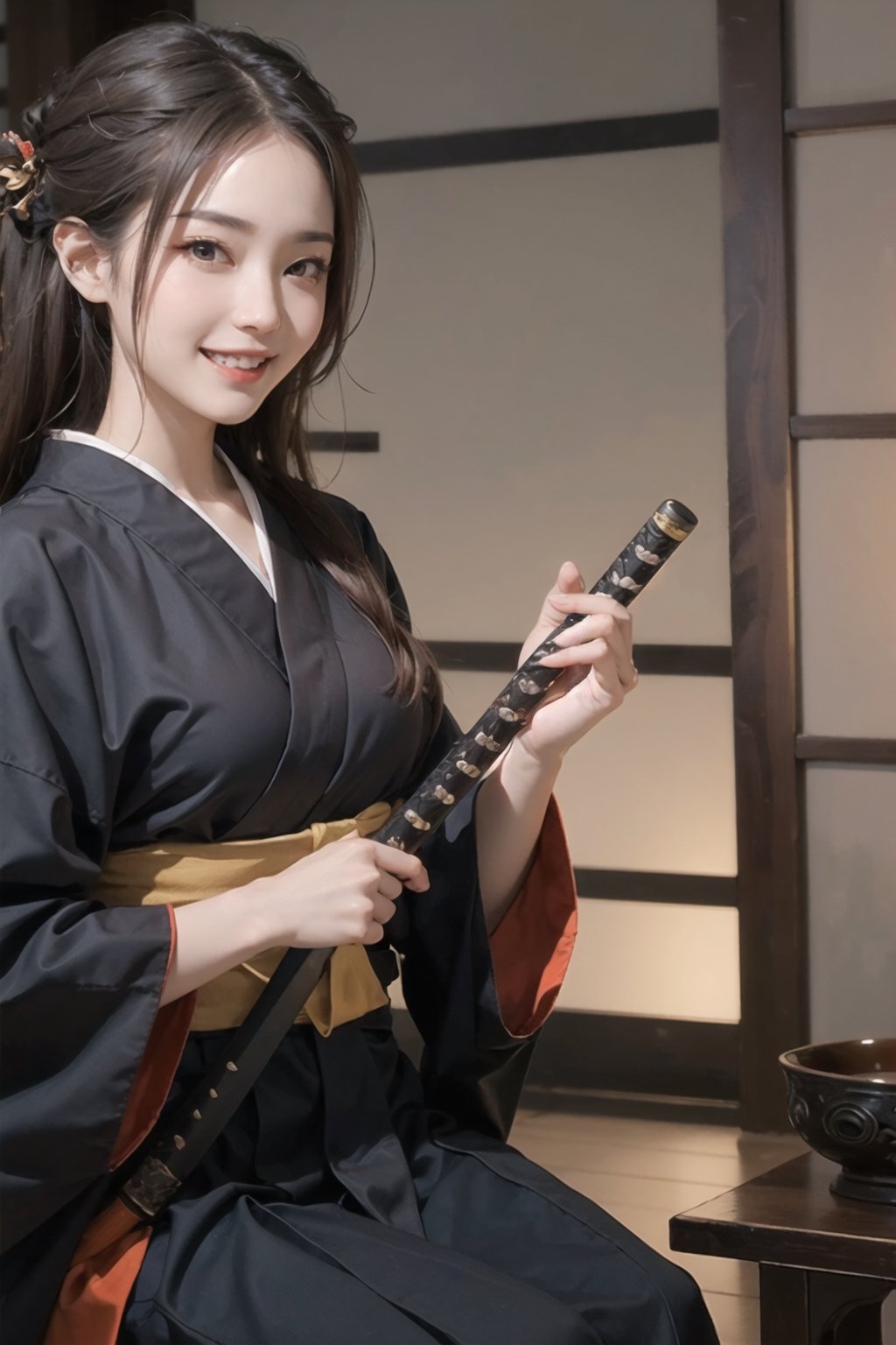 masterpiece,1girl,long brown hair,medium breast,hakama,holding katana,katana,weapon over shoulder,laughing and chatting,cosplay costume,1 girl,chinese talisman on forehead,Wearing edgTemptation