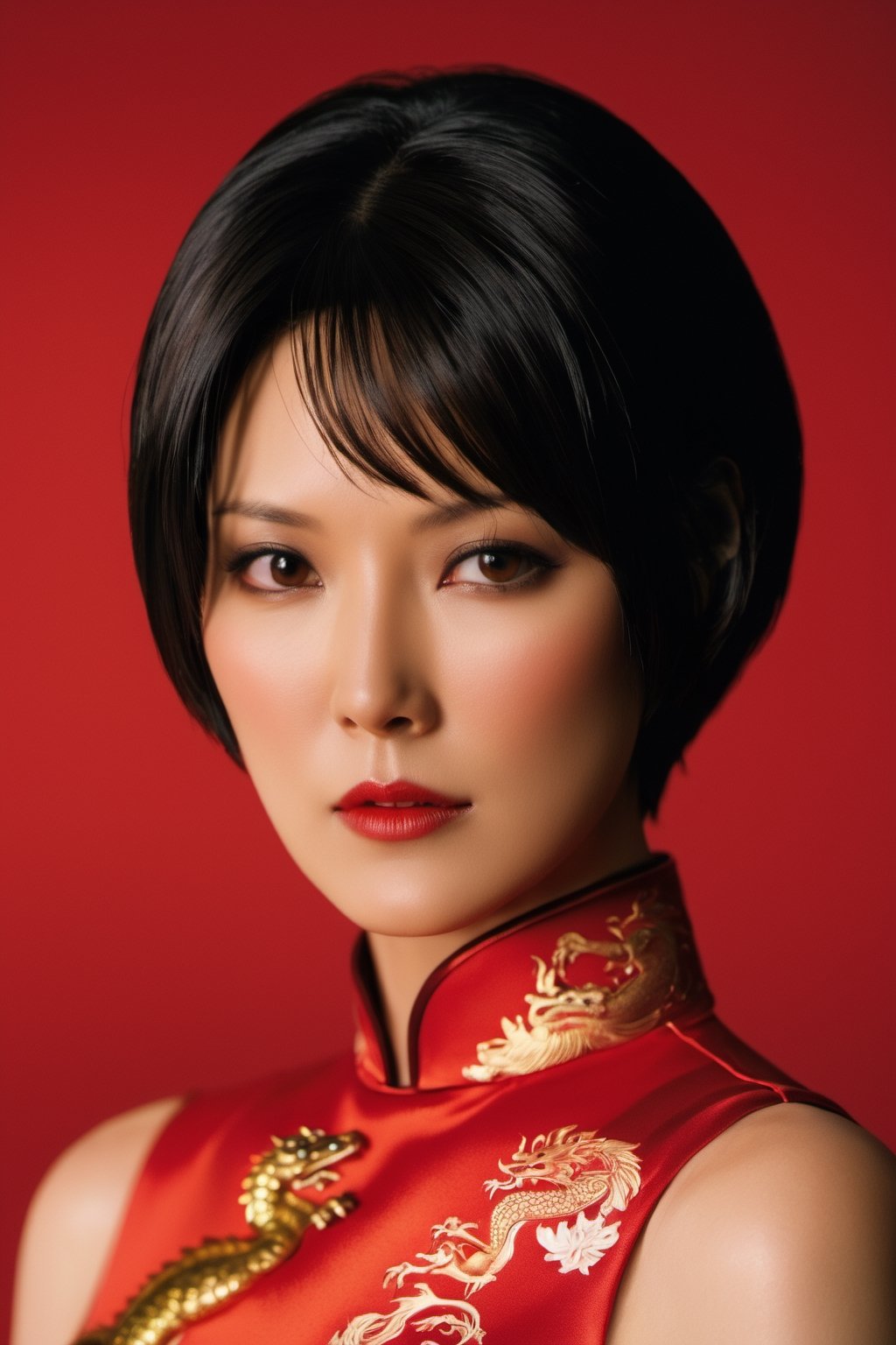 resident evil ada wong, wearing red cheongsam with dragon emble
