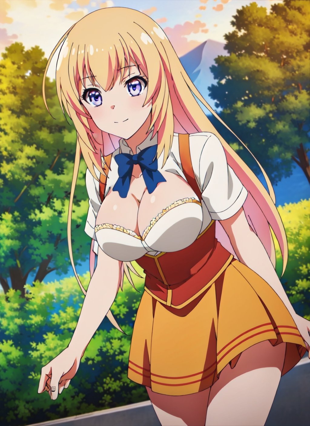 boichi anime style,upper_body,dirndl,looking_at_camera,Ichinose,cleavage,smiley,mini_skirt,best quality,masterpiece,legs_open,, beautiful detailed eyes, contrapposto, thighs,clothing_detailed,outdoors,blonde hair