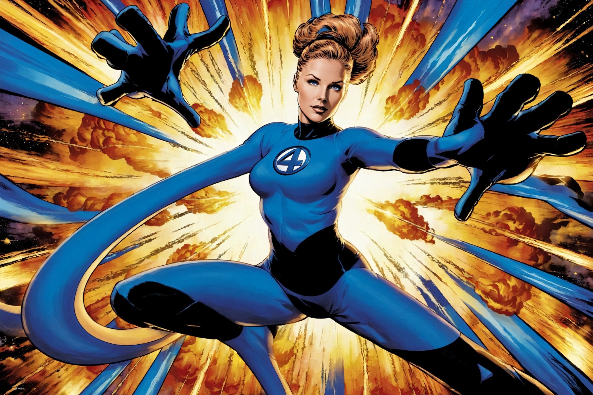 1girl,woman,multicolor_hair,explosion behind,stretching out the arms and rotating the hands,Hero,Mr_Fantastic_Four_Fantastic