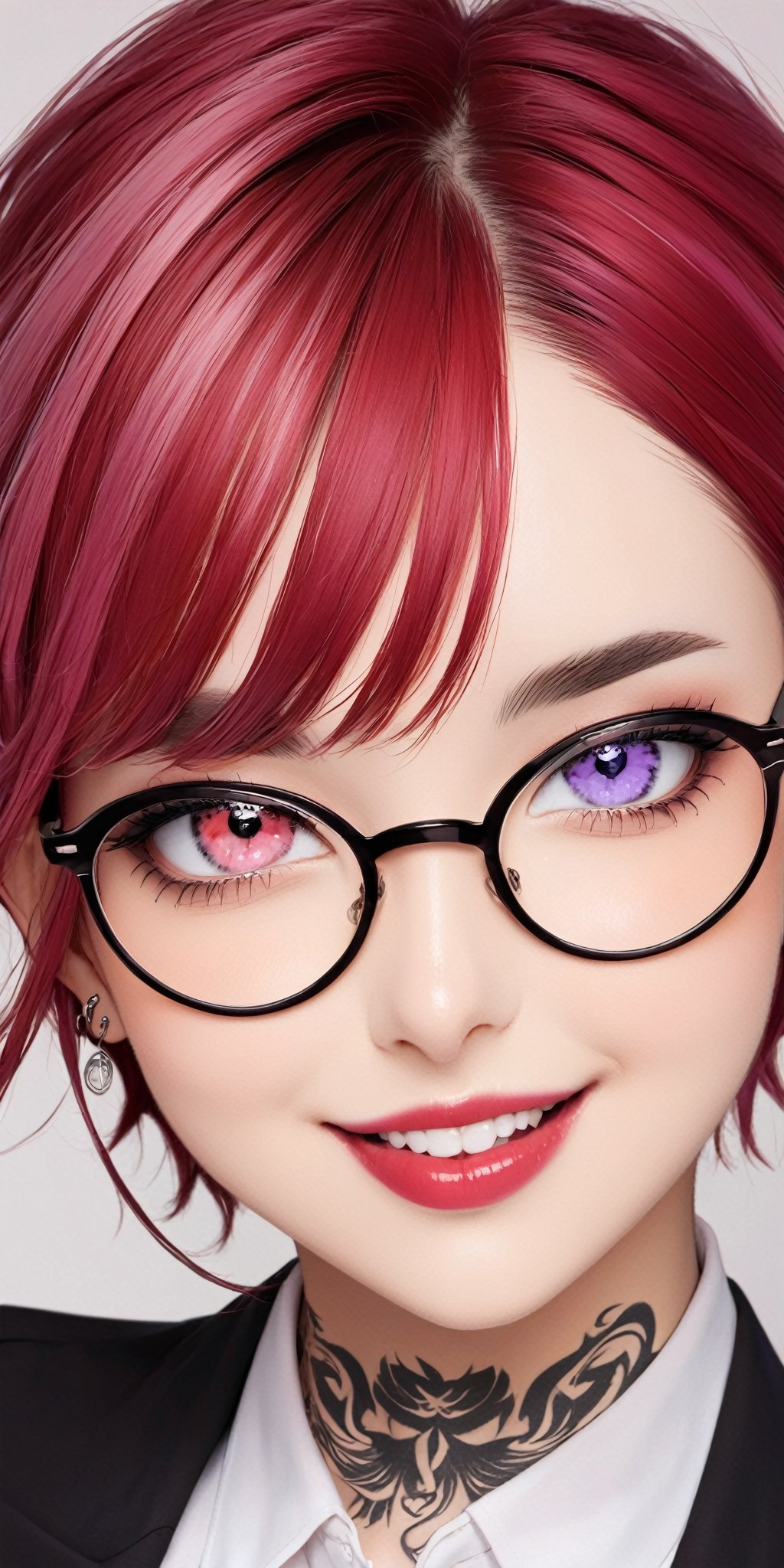 1baby,beautifull baby,parted_lips,pastel lips,heterochromia,great teeth,half open mouth,cute smile,beautifull and detailed eyes and face,dripping tongue,blushed face,short_hair,purple red hair,neck tattoo,medium earrings,medium_breasts,breasts up,clip hair,secretary glasses,