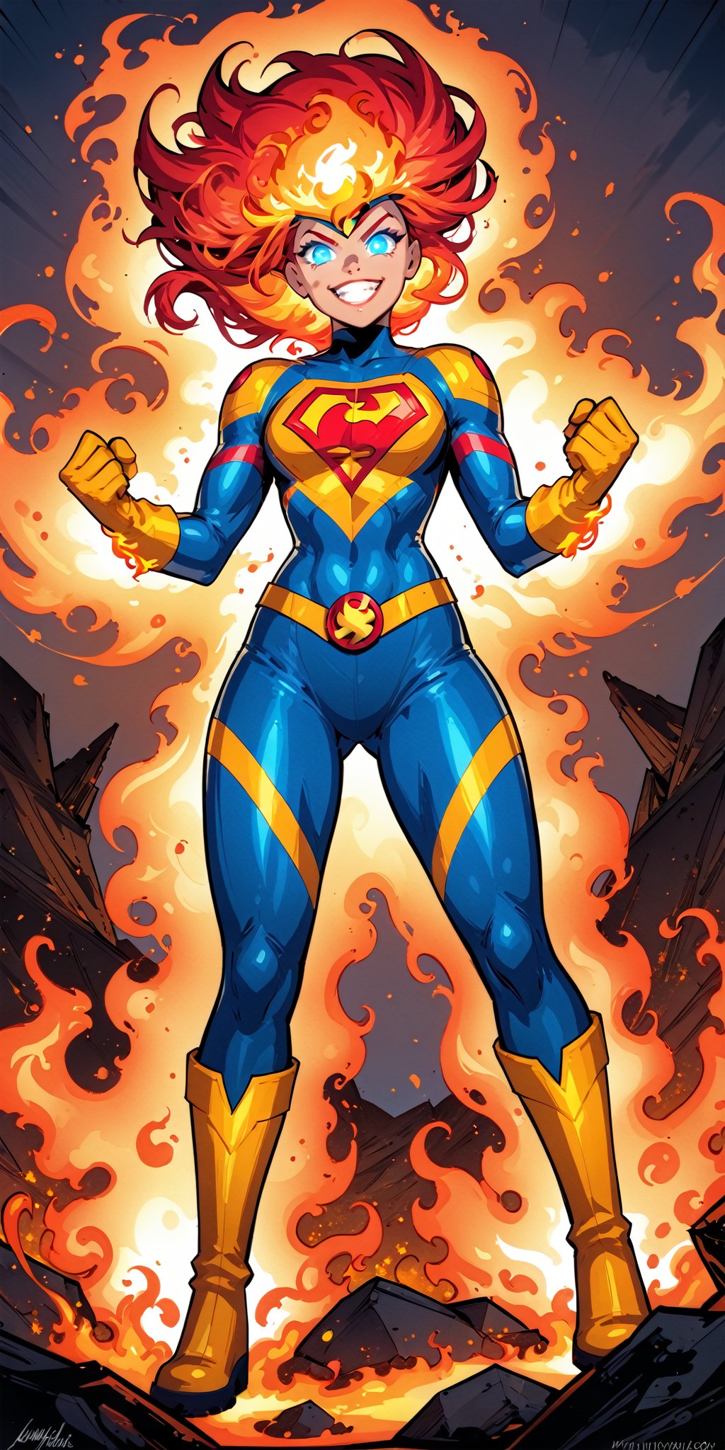 olo,girl focus,dark skin,muscular,dark-skinned,fire,rainbow,superhero,fiery hair,red hair,boots,armor,bodysuit,traditional media,marker \(medium\),superhero,red bodysuitlooking at viewer,gloves ,upper body,teeth,glowing,helmet,clenched teeth,gold armor,molten rock,gloves,standing,full body,boots,signature,personification,yellow footwear,flame,yellow gloves,floating hair,glowing eyes,no pupils,clenched hands, aura, smile, blue eyes, grin,quality 4k, quality 8k,high quality,DC,SuperHero, Firestorm_DC