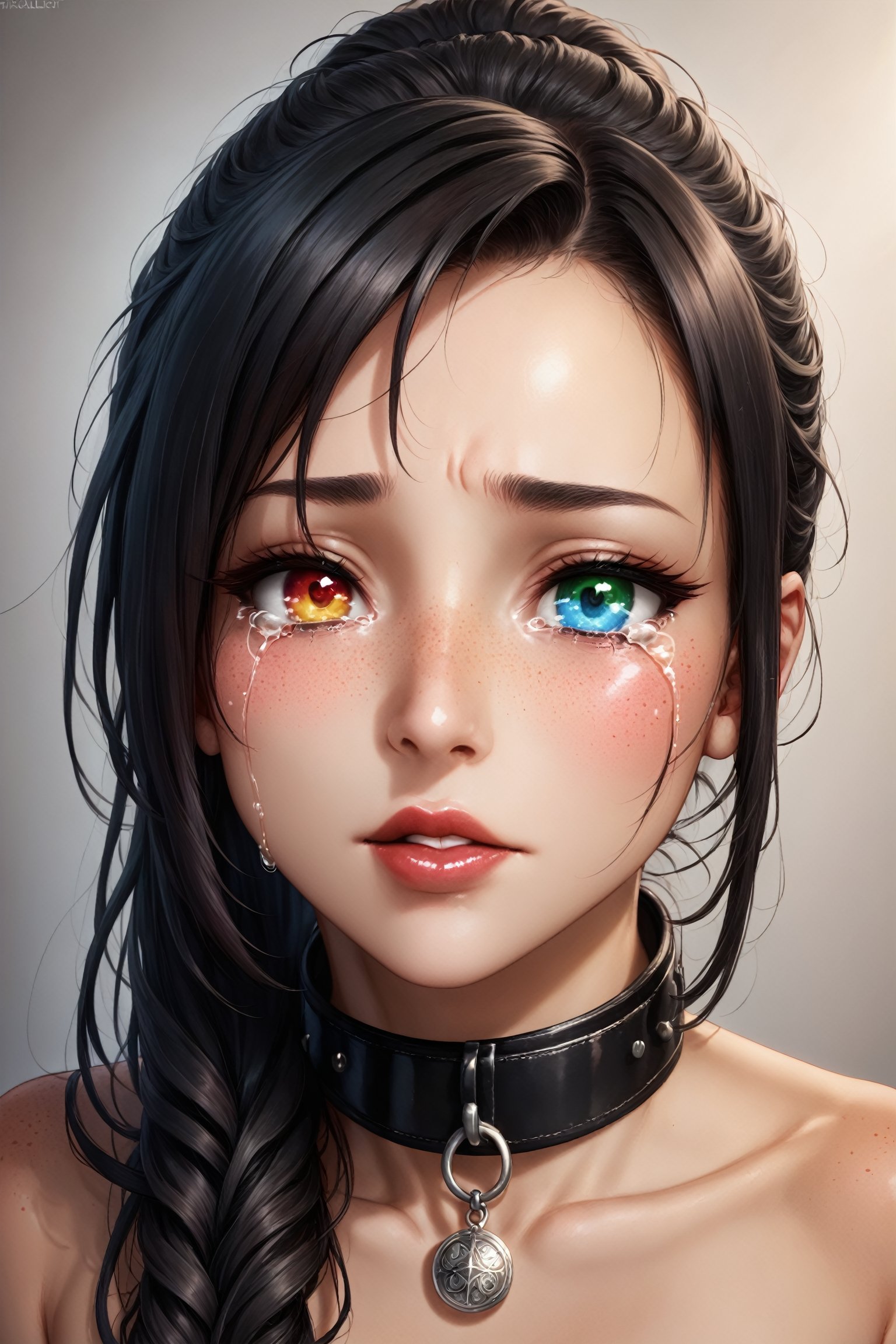 A woman, beautiful and detailed woman, black woman, black skin, african woman, beautiful and detailed eyes, tears in her eyes, heterochromia eyes, semi-close eyes, great detail in the tears, rimel of the eyes desalineated by crying, long hair green, ponytail_hair, freckles in the pins, sad face, desolate expression , red lips, decayed lips, tears for the pins and mouth, semi -open lips, discovered neck, collar of Christ, detailed clavicula, using black veil in the head, semi-down face,Heterochromia,Eye