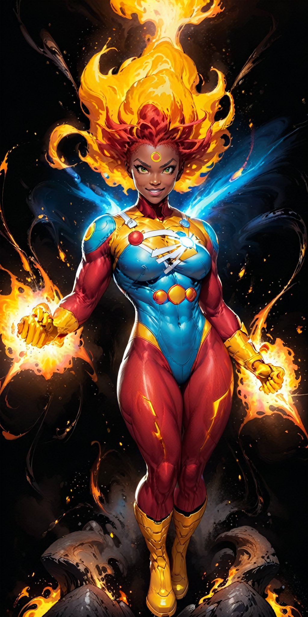 solo,1girl,female focus,dark skin,muscular,dark-skinned,fire,rainbow,superhero,fiery hair,red hair,boots,armor,bodysuit,superhero,red bodysuit,looking at viewer,gloves,glowing,clenched lips,molten rock,gloves,standing,full body,boots,personification,yellow footwear,flame,yellow gloves,floating hair,glowing eyes,no pupils,clenched hands, aura, blue eyes, grin,quality 4k, quality 8k,high quality,DC,SuperHero, Firestorm_DC