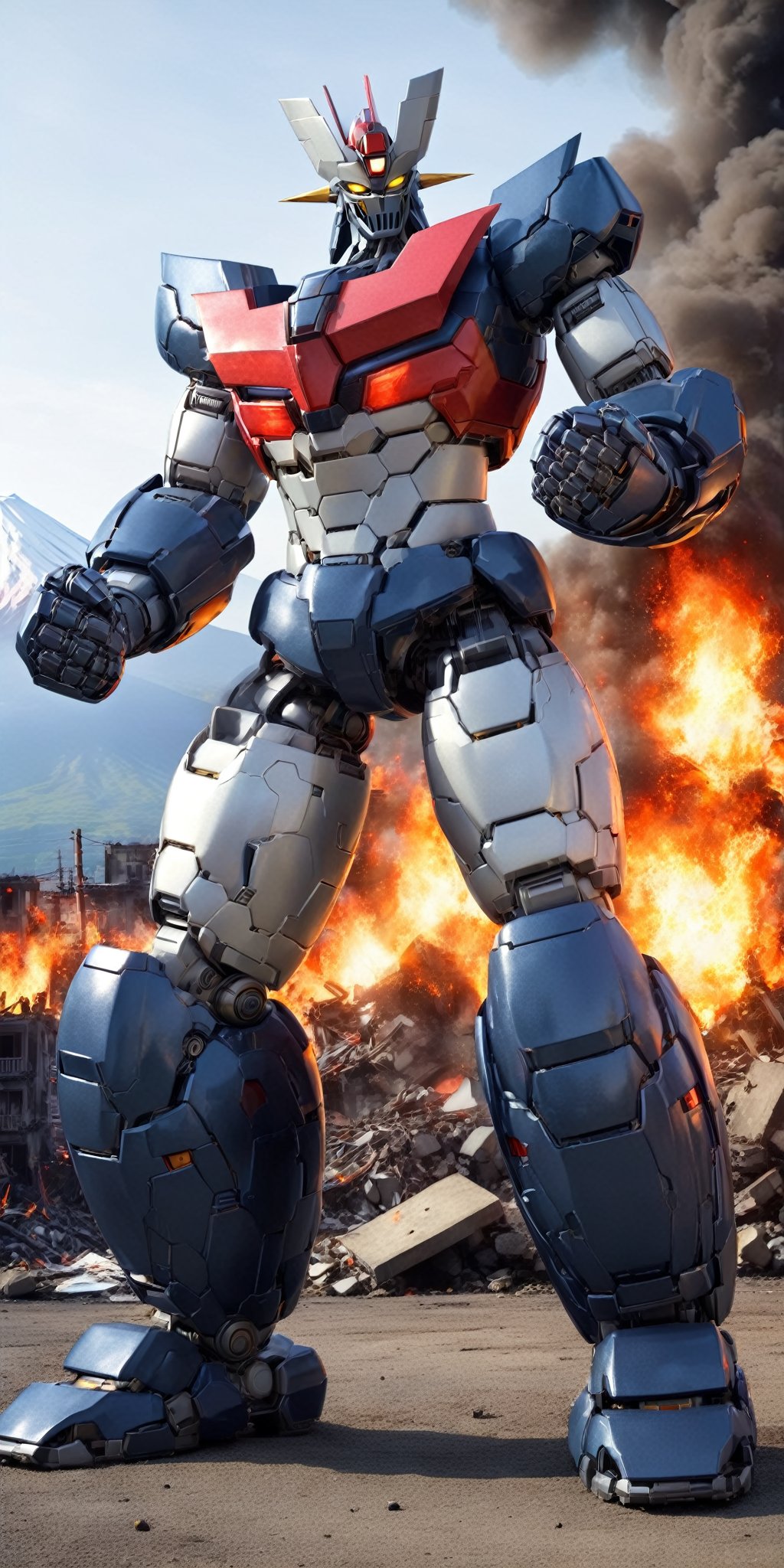 masterpiece,high quality,quality 4k,quality 8k,great and high detailed head and face,no humans,Manziger Z,blue grey and red colors mecha,yellow eyes,super robot,robot,looking at viewer,full body,glowin,clenched hands,standing,realistic,outdoors,kneeling on one leg and supporting himself with one hand,(background:mount fuji:1.2),background: massive destruction in the city and with flames in several buildings: 1:3,MAZINGER Z,MECHA