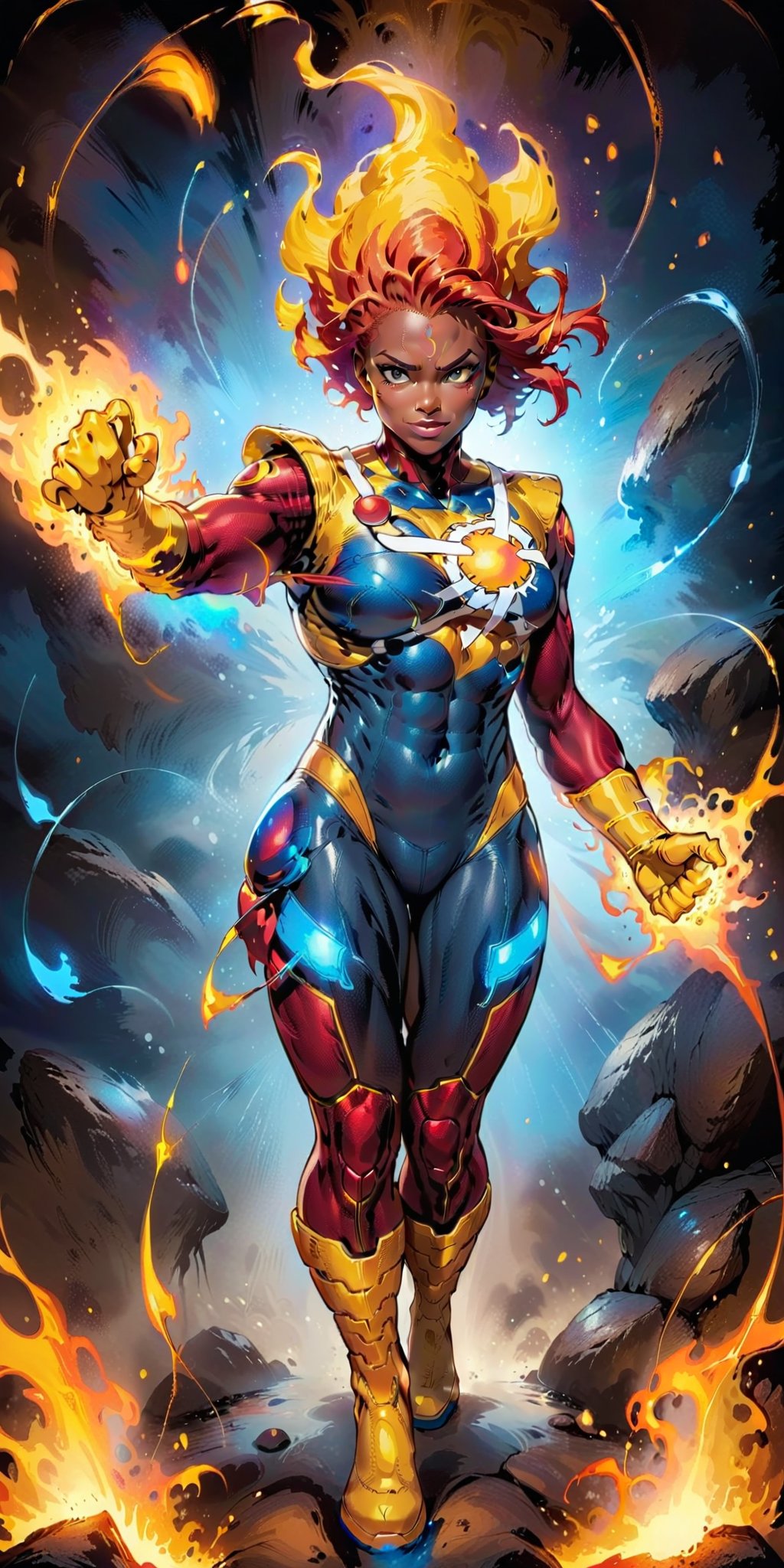 solo,1girl,female focus,dark skin,muscular,dark-skinned,fire,rainbow,superhero,fiery hair,red hair,boots,armor,bodysuit,superhero,red bodysuit,looking at viewer,gloves,glowing,clenched lips,molten rock,gloves,standing,full body,boots,personification,yellow footwear,flame,yellow gloves,floating hair,glowing eyes,no pupils,clenched hands, aura, blue eyes, grin,quality 4k, quality 8k,high quality,DC,SuperHero, Firestorm_DC