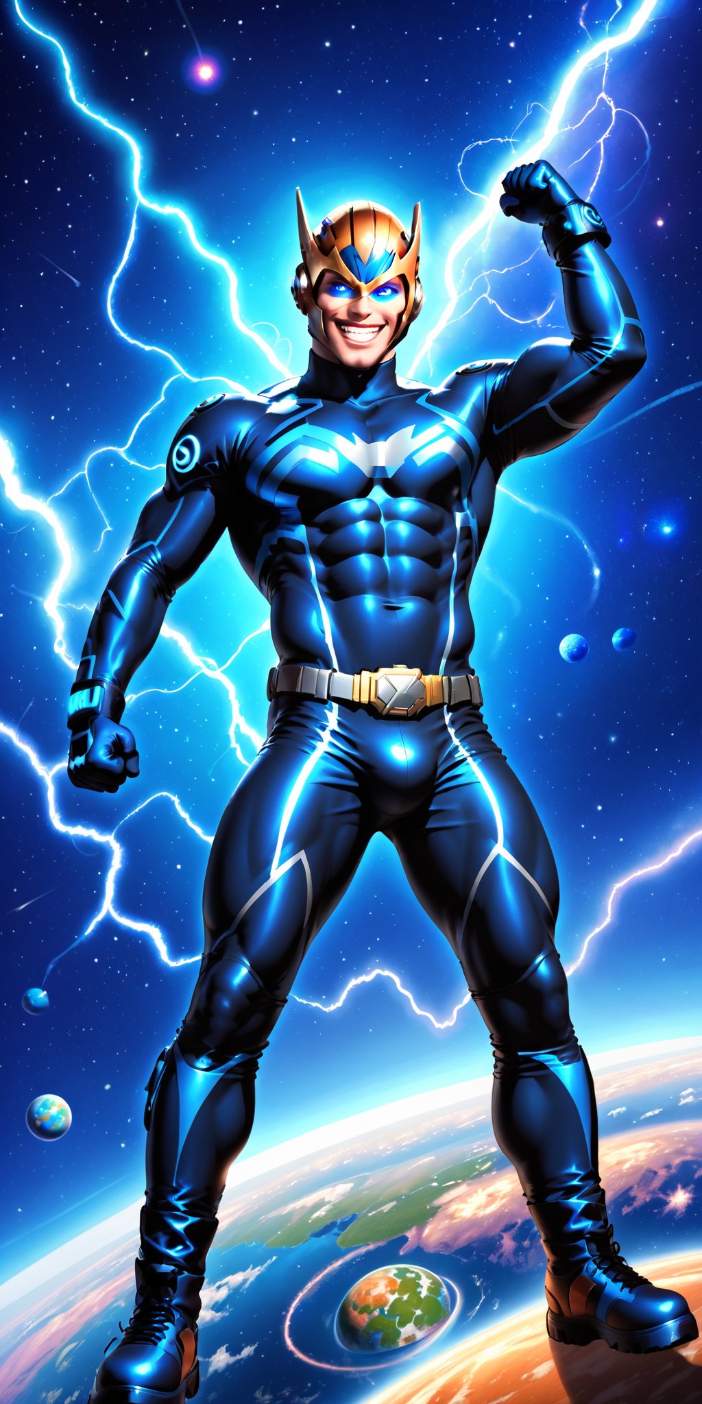 1boy,solo,looking at viewer,blue eyes,male focus,glowing,science fiction,armor_bodysuit,helmet_mask,glowing eyes,space,planet,earth \(planet\),superhero,electricity_lightning,smile,gloves,full body,grin,clenched hands,space,muscular,standing,boots,skin tight,superhero,abs,planet,belt,4k,8k,HD,FHD, Nova_Richard_Rider,Superhero,Marvel