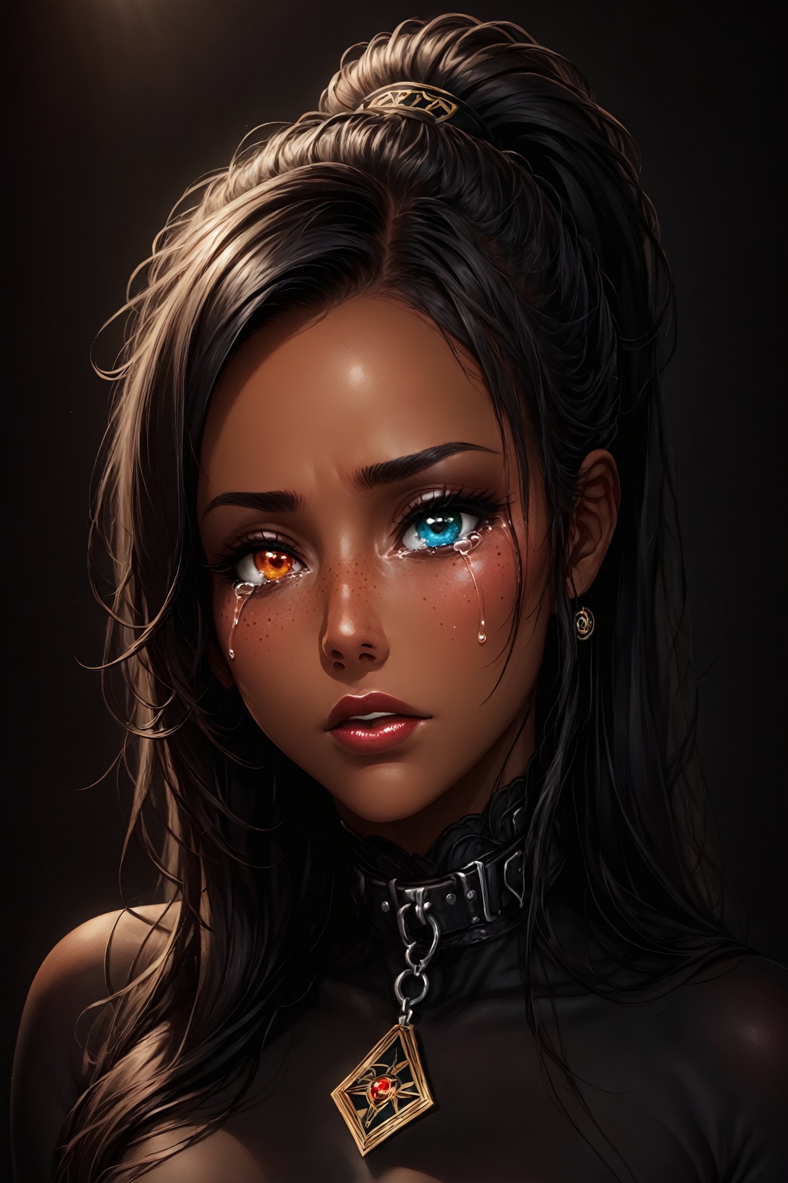 A woman, beautiful and detailed woman, black woman, black skin, african woman, beautiful and detailed eyes, tears in her eyes, heterochromia eyes, semi-close eyes, great detail in the tears, rimel of the eyes desalineated by crying, long hair green, ponytail_hair, freckles in the pins, sad face, desolate expression , red lips, decayed lips, tears for the pins and mouth, semi -open lips, discovered neck, collar of Christ, detailed clavicula, using black veil in the head, semi-down face,Heterochromia,Eye,Concept