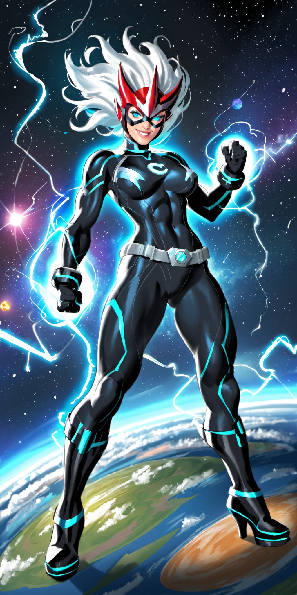 1girl,solo,looking at viewer,blue eyes,closed mouth,female focus,glowing,science fiction,serious,armor,bodysuit,helmet,glowing eyes,space,planet,earth \(planet\),superhero,electricity,lightning,smile,gloves,full body,grin,mask,star \(sky\),clenched hands,space,muscular,standing,boots,skin tight,superhero,abs,planet,belt,4k,8k,HD,FHD, Nova_Richard_Rider,Superhero,Marvel