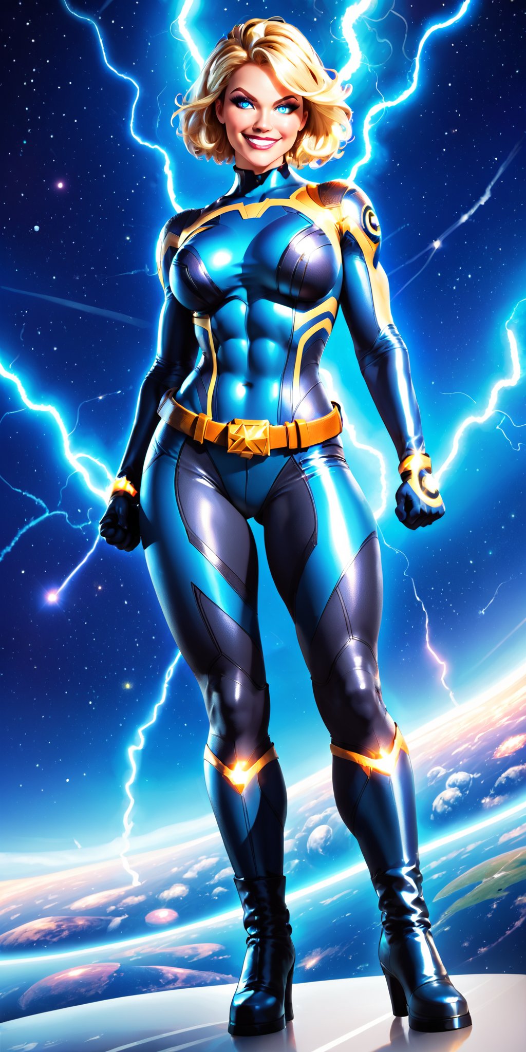 1girl,solo,looking at viewer,blue eyes,closed mouth,female focus,glowing,science fiction,serious,armor,bodysuit,helmet,glowing eyes,space,planet,earth \(planet\),superhero,electricity,lightning,smile,gloves,full body,grin,star \(sky\),clenched hands,space,muscular,standing,boots,skin tight,superhero,abs,planet,belt,4k,8k,HD,FHD, Nova_Richard_Rider,Superhero,Marvel