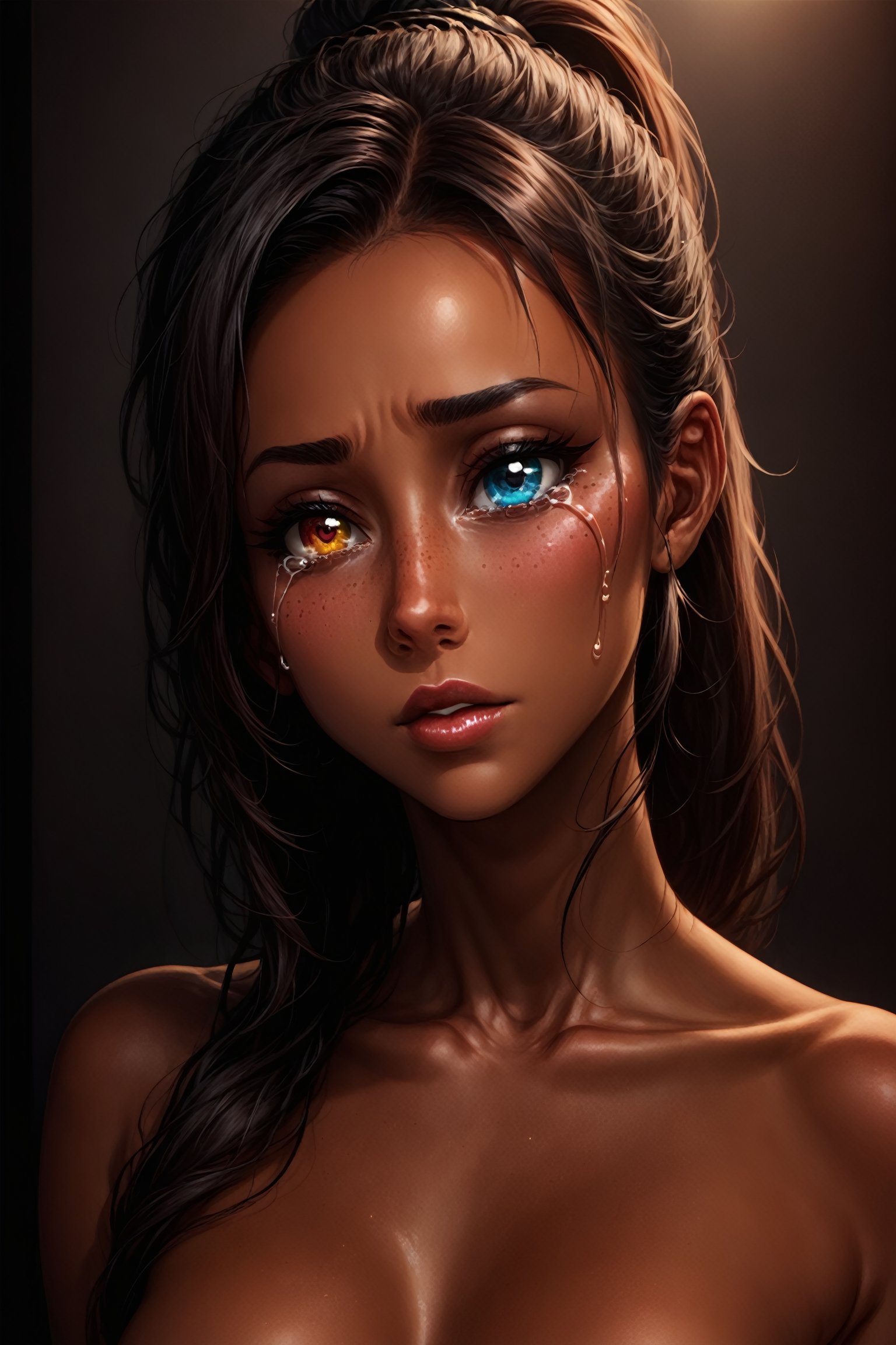 A woman, beautiful and detailed woman, black woman, black skin, african woman, beautiful and detailed eyes, tears in her eyes, heterochromia eyes, semi-close eyes, great detail in the tears, rimel of the eyes desalineated by crying, long hair brown, ponytail_hair, freckles in the pins, sad face, desolate expression , red lips, decayed lips, tears for the pins and mouth, semi -open lips, discovered neck, collarbone, detailed clavicle, using black veil in the head, semi-down half face,Heterochromia,Eye,Concept,Realistic