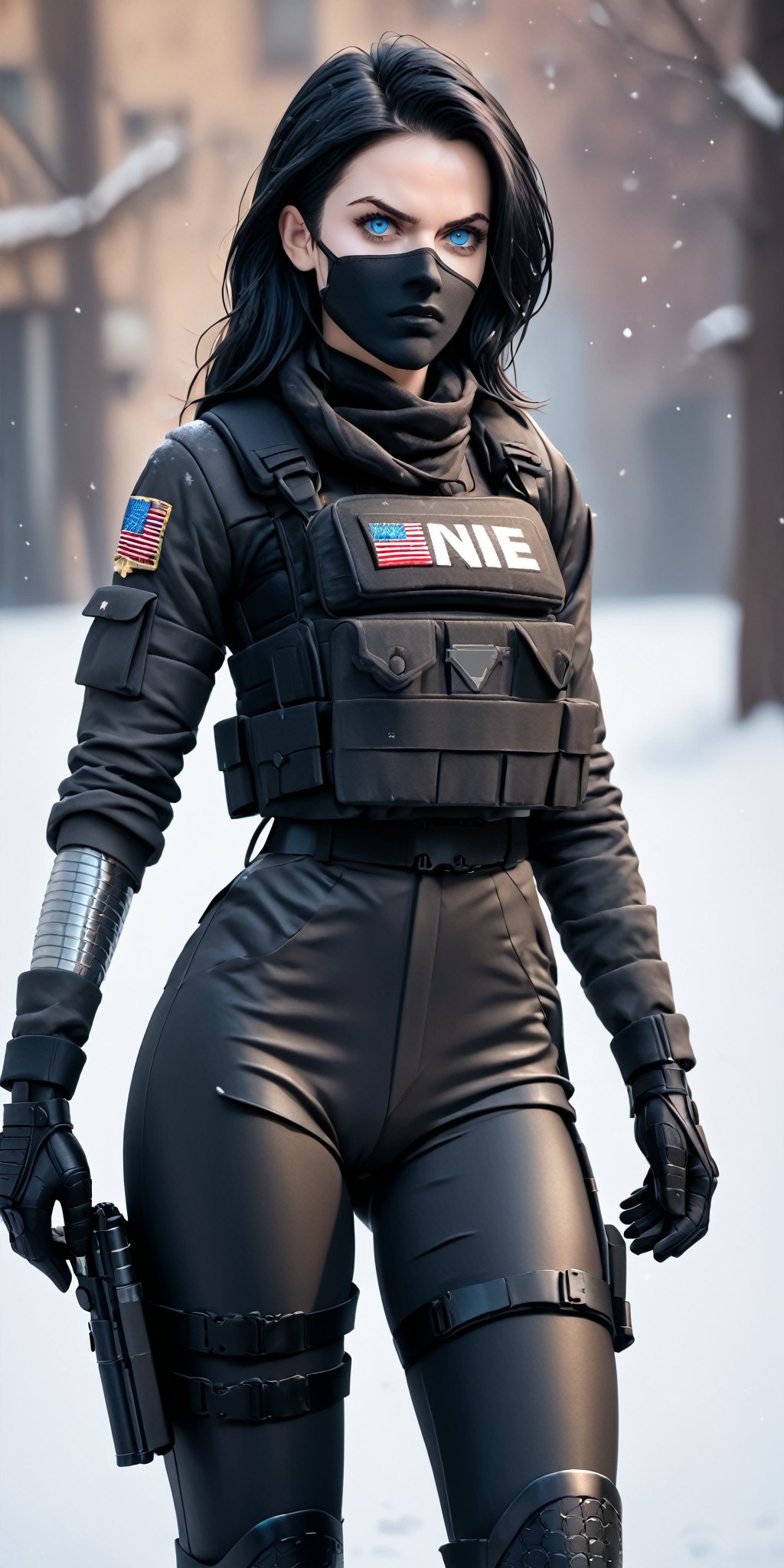 a woman, winter soldier, Bucky Barnes female version, stocky body, medium and firm breasts, medium and defined muscles, wearing a black mask, blue eyes, long black hair, wearing a black bulletproof vest, left arm prosthesis, prosthesis vibranium, star symbol on the prosthesis, tight black pants, black belt, angry expression, war zone, explosions from behind