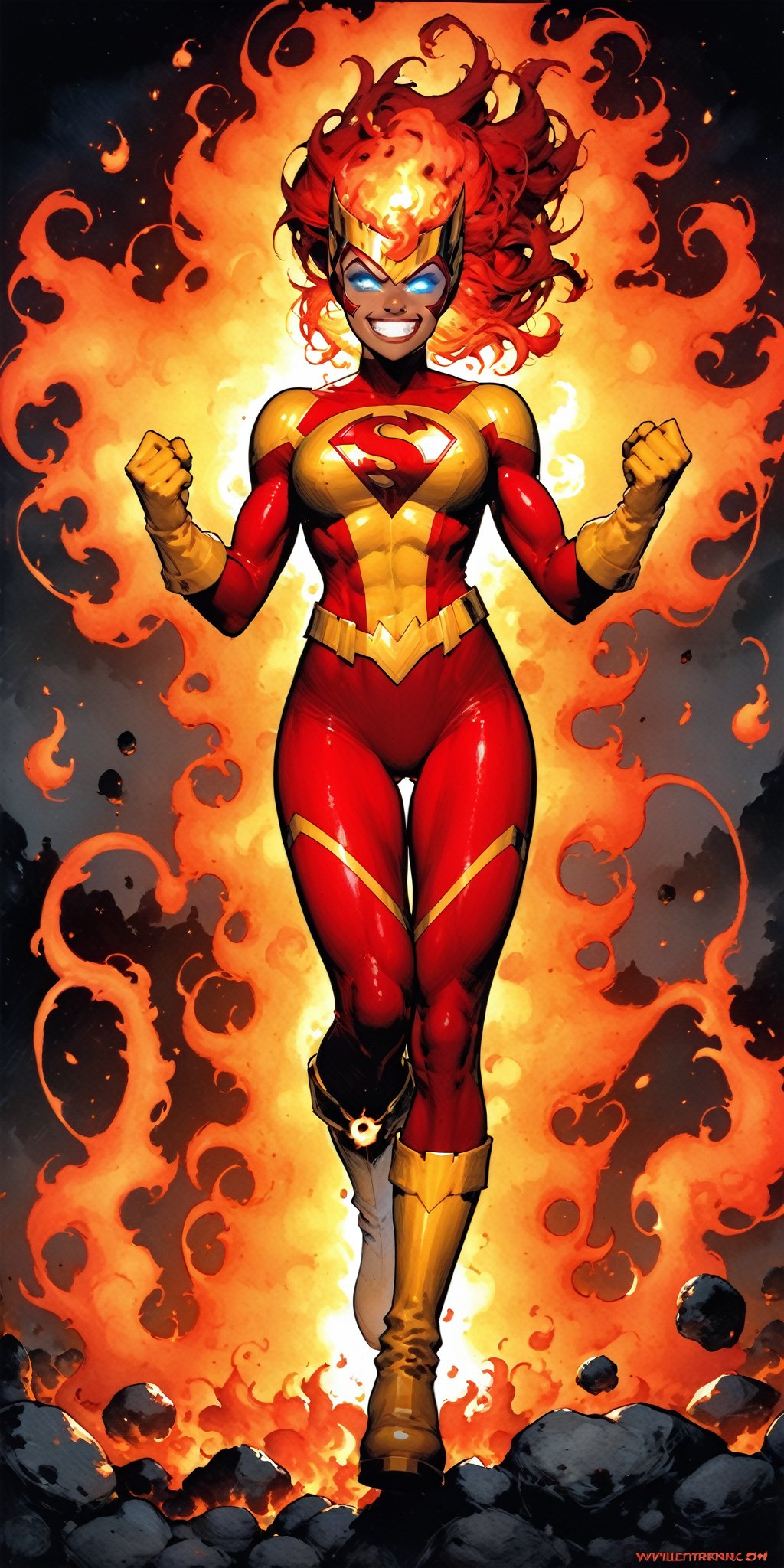 solo,1girl,girl focus,dark skin,muscular,dark-skinned,fire,rainbow,superhero,fiery hair,red hair,boots,armor,bodysuit,traditional media,marker \(medium\),superhero,red bodysuit,looking at viewer,gloves,teeth,glowing,helmet,clenched teeth,gold armor,molten rock,gloves,standing,full body,boots,signature,personification,yellow footwear,flame,yellow gloves,floating hair,glowing eyes,no pupils,clenched hands, aura, blue eyes, grin,quality 4k, quality 8k,high quality,DC,SuperHero, Firestorm_DC