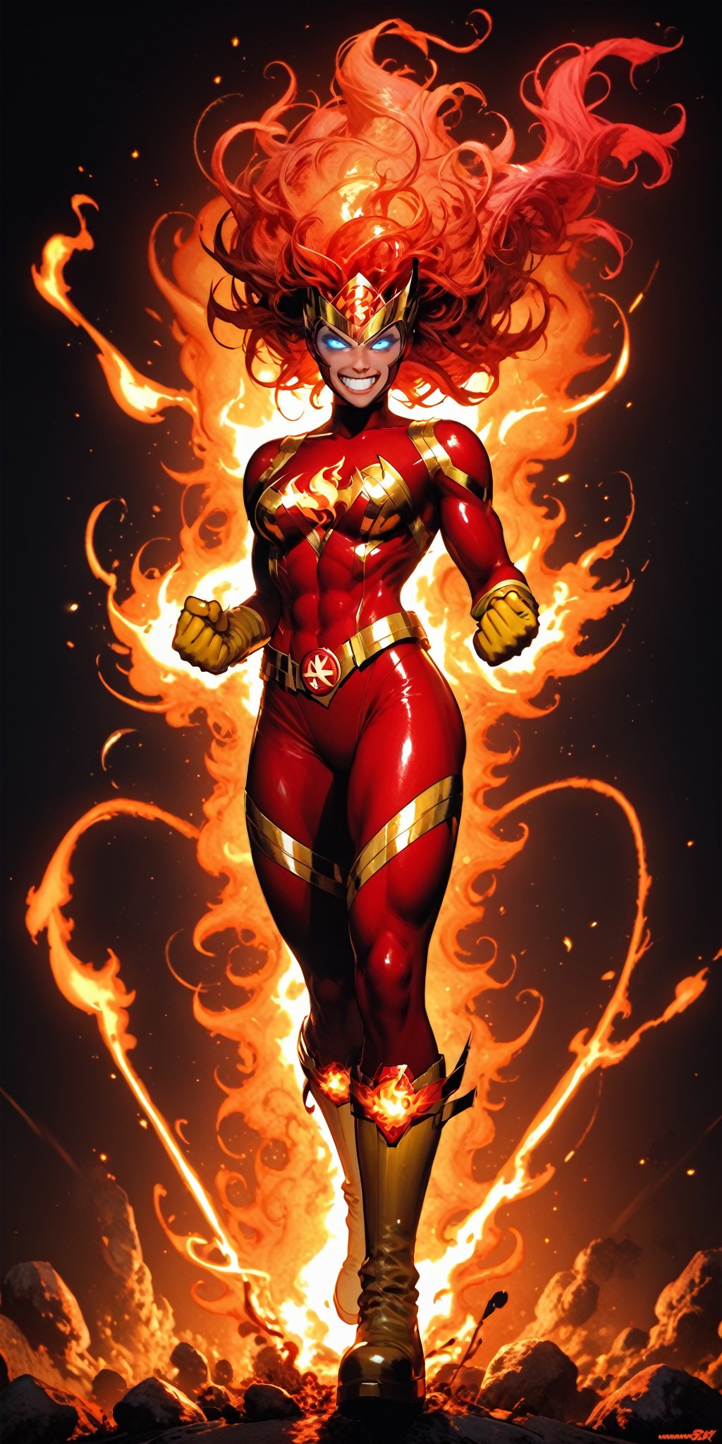 solo,1girl,girl focus,dark skin,muscular,dark-skinned,fire,rainbow,superhero,fiery hair,red hair,boots,armor,bodysuit,superhero,red bodysuit,looking at viewer,gloves,teeth,glowing,helmet,clenched teeth,gold armor,molten rock,gloves,standing,full body,boots,signature,personification,yellow footwear,flame,yellow gloves,floating hair,glowing eyes,no pupils,clenched hands, aura, blue eyes, grin,quality 4k, quality 8k,high quality,DC,SuperHero, Firestorm_DC