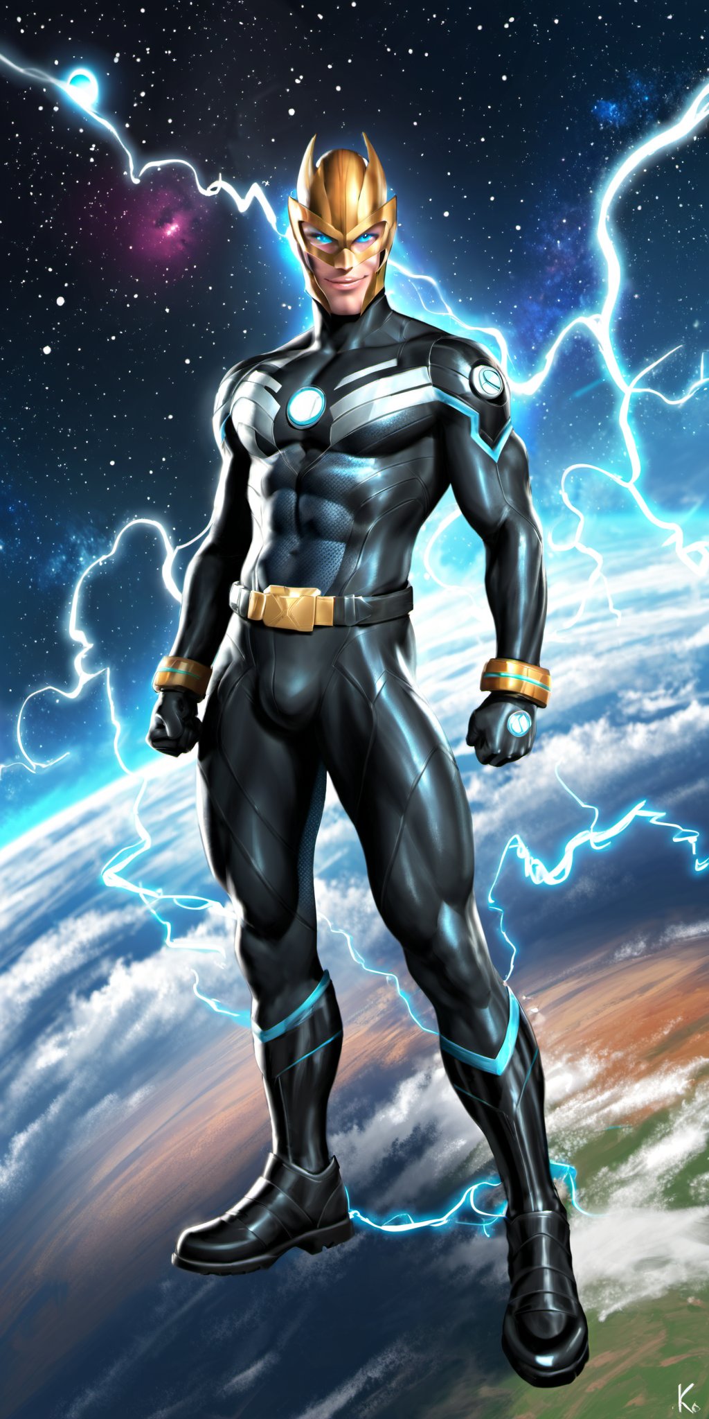 1boy,solo,looking at viewer,blue eyes,closed mouth,male focus,glowing,science fiction,serious,armor,bodysuit,helmet,glowing eyes,space,planet,earth \(planet\),superhero,electricity,lightning,smile,gloves,full body,grin,mask,star \(sky\),clenched hands,space,muscular,standing,boots,skin tight,superhero,abs,planet,belt,4k,8k,HD,FHD, Nova_Richard_Rider,Superhero,Marvel