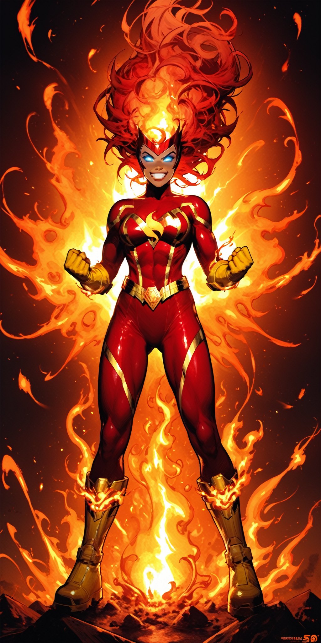 solo,1girl,girl focus,dark skin,muscular,dark-skinned,fire,rainbow,superhero,fiery hair,red hair,boots,armor,bodysuit,superhero,red bodysuit,looking at viewer,gloves,teeth,glowing,helmet,clenched teeth,gold armor,molten rock,gloves,standing,full body,boots,signature,personification,yellow footwear,flame,yellow gloves,floating hair,glowing eyes,no pupils,clenched hands, aura, blue eyes, grin,quality 4k, quality 8k,high quality,DC,SuperHero, Firestorm_DC