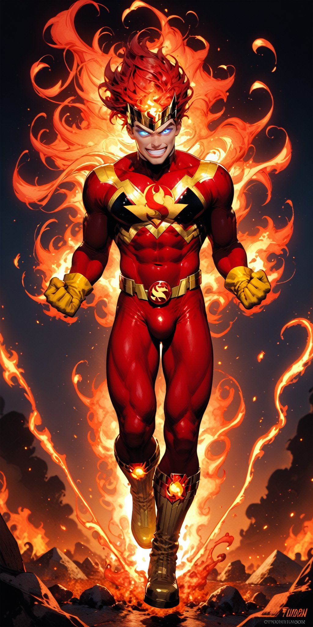 solo,1boy,male focus,dark skin,muscular,dark-skinned,fire,rainbow,superhero,fiery hair,red hair,boots,armor,bodysuit,superhero,red bodysuit,looking at viewer,gloves,teeth,glowing,helmet,clenched teeth,gold armor,molten rock,gloves,standing,full body,boots,signature,personification,yellow footwear,flame,yellow gloves,floating hair,glowing eyes,no pupils,clenched hands, aura, blue eyes, grin,quality 4k, quality 8k,high quality,DC,SuperHero, Firestorm_DC