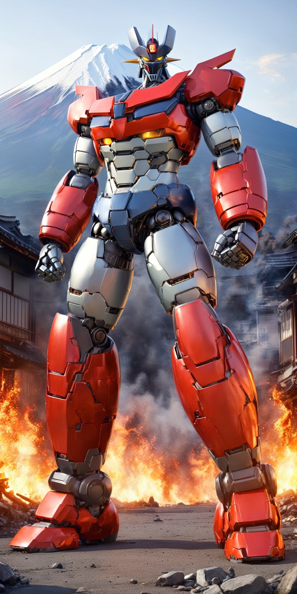masterpiece,high quality,quality 4k,quality 8k,great and high detailed head and face,no humans,Manziger Z,blue grey and red colors mecha,yellow eyes,super robot,robot,looking at viewer,full body,glowin,clenched hands,standing,realistic,outdoors,kneeling on one leg and supporting himself with one hand,(background:mount fuji:1.2),background: massive destruction in the city and with flames in several buildings: 1:3,MAZINGER Z,MECHA
