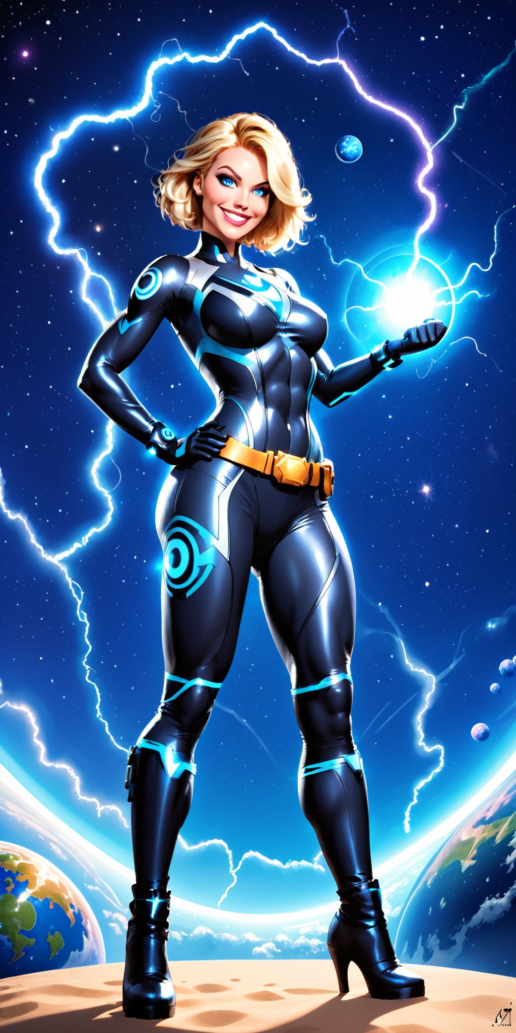 1girl,solo,looking at viewer,blue eyes,closed mouth,female focus,glowing,science fiction,serious,armor,bodysuit,helmet,glowing eyes,space,planet,earth \(planet\),superhero,electricity,lightning,smile,gloves,full body,grin,mask,star \(sky\),clenched hands,space,muscular,standing,boots,skin tight,superhero,abs,planet,belt,4k,8k,HD,FHD, Nova_Richard_Rider,Superhero,Marvel