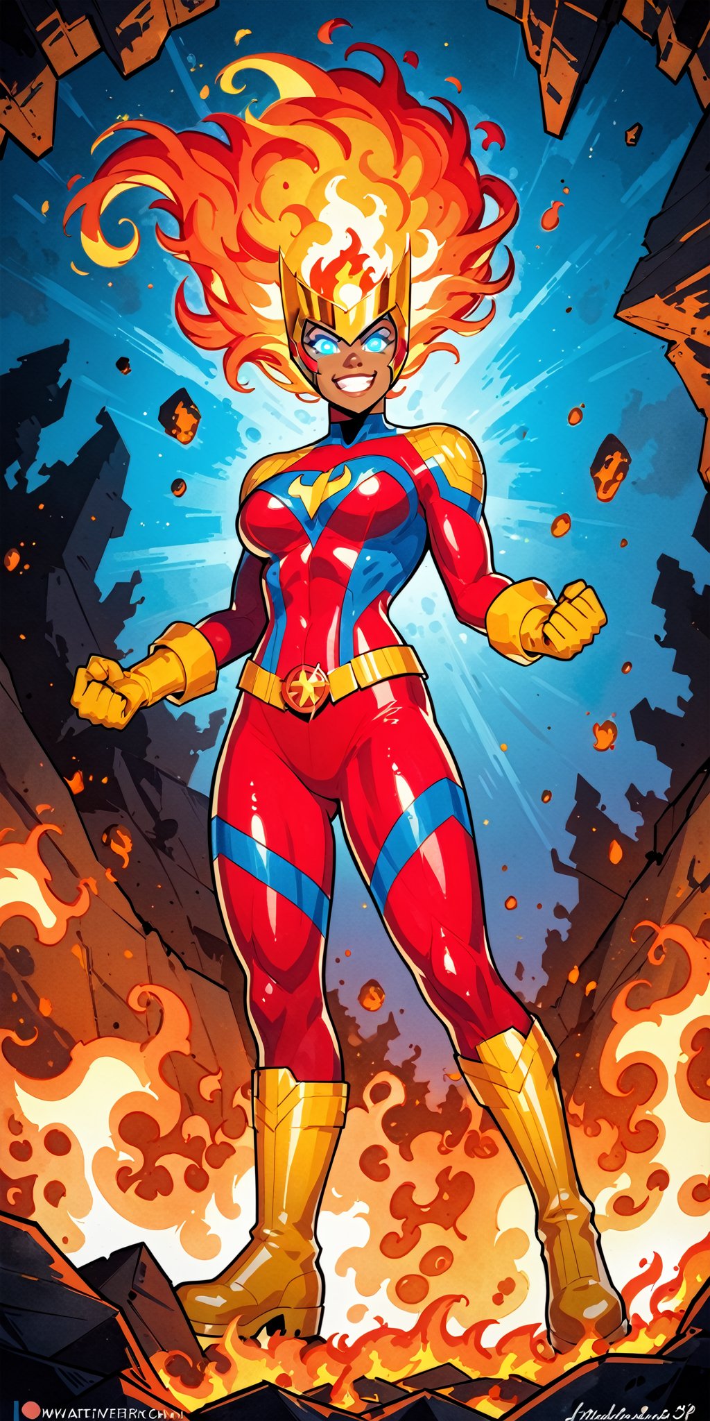 solo,girl focus,dark skin,muscular,dark-skinned,fire,rainbow,superhero,fiery hair,red hair,boots,armor,bodysuit,traditional media,marker \(medium\),superhero,red bodysuit,looking at viewer,gloves,teeth,glowing,helmet,clenched teeth,gold armor,molten rock,gloves,standing,full body,boots,signature,personification,yellow footwear,flame,yellow gloves,floating hair,glowing eyes,no pupils,clenched hands, aura, blue eyes, grin,quality 4k, quality 8k,high quality,DC,SuperHero, Firestorm_DC