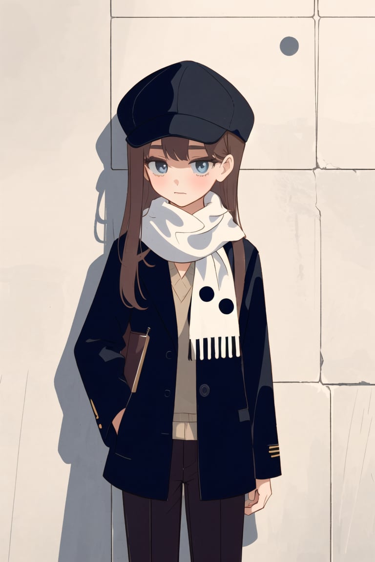 a little girl standing in front of a wall wearing a hat and black pants with a polka dot scarf, An Gyeon, fashion, a stock photo, dau-al-set