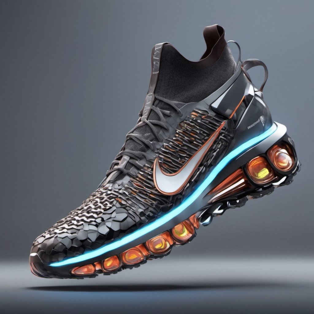 futuristic crypto shoes , running shoes, Nike brand, dark_skin, high_resolution, high detail, realistic, realism,candyseul,cyborg style