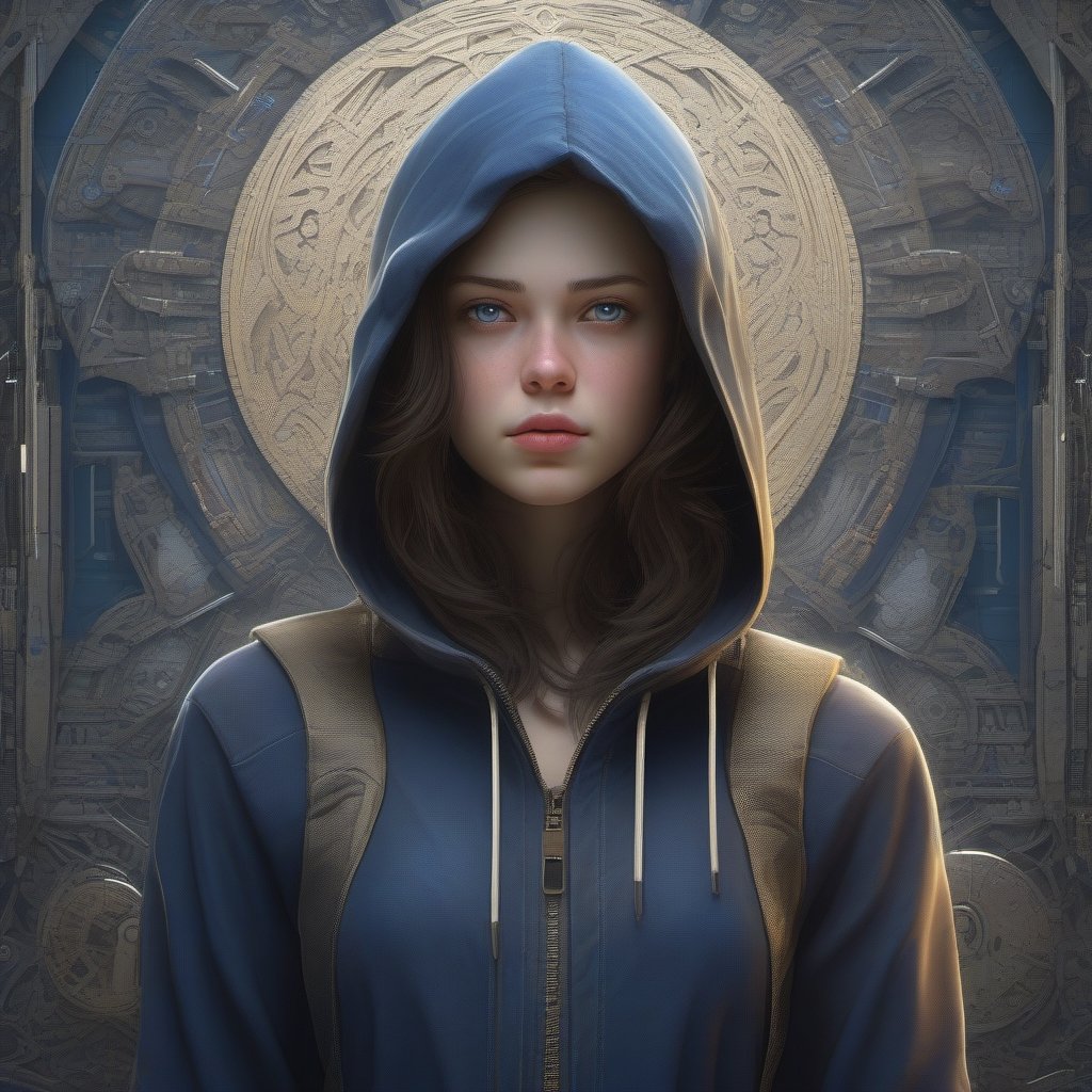 A teenager girl with slightly pale skin, dark blue eyes , short light brown hair , She wearing clothes with a hood , horror movie style , sf, intricate artwork masterpiece, ominous, matte painting movie poster, golden ratio, trending on cgsociety, intricate, epic, trending on artstation, by artgerm, h. r. giger and beksinski, highly detailed, vibrant, production cinematic character render, ultra high quality model