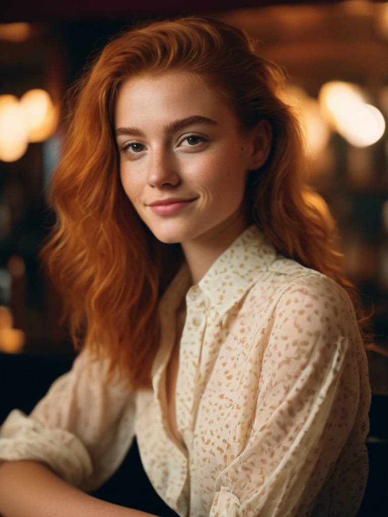 a close up photo of a 20 year old french woman in a blouse at a bar, seductive smile, ginger hair, cinematic light, film still,