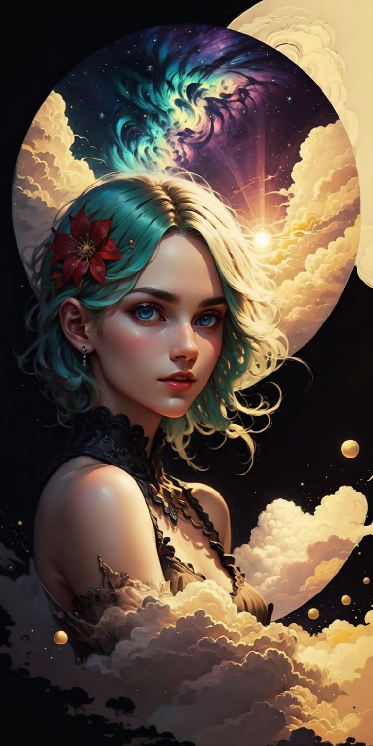 (1 girl), blue eyes,   green hair, long hair,black bodycon clasical dress,red flower prints,focus 1girl,focus face,look at viewer,beautiful face ,  in park, cloudy, starry sky, milky way, sunset, high quality, highres,high detailed,high detailed face , masterpiece,8k, epic,  dust particles,  ,sitting moon,Circle