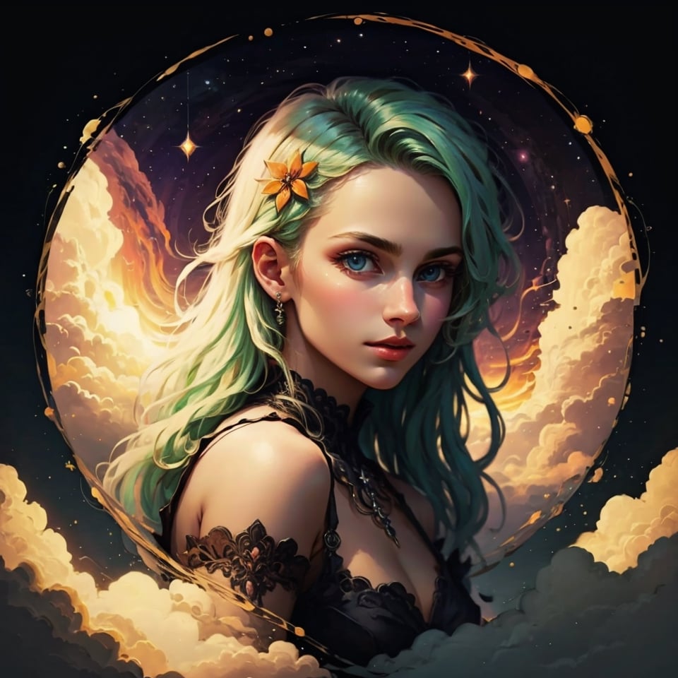 (1 girl), blue eyes,   green hair, long hair,black bodycon clasical dress,red flower prints,focus 1girl,focus face,look at viewer,beautiful face ,  in park, cloudy, starry sky, milky way, sunset, high quality, highres,high detailed,high detailed face , masterpiece,8k, epic,  dust particles,  ,sitting moon,Circle