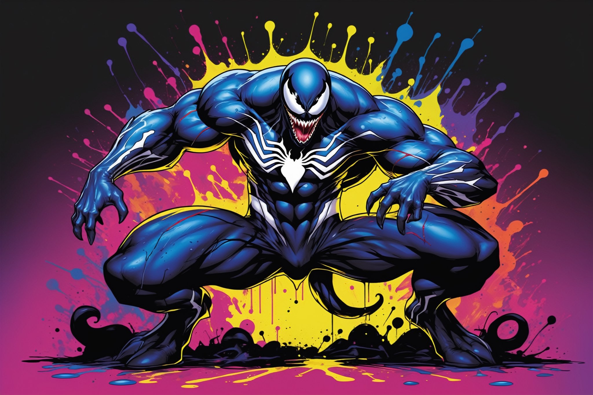 midshot, cel-shading style, centered image, ultra detailed illustration of Venom posing, ((Full Body)), (tetradic colors), ((inkpunk)), ((ink lines)), ink splatter, strong outlines, art by MSchiffer, bold traces, unframed, high contrast, cel-shaded, vector, 4k resolution, best quality, (chromatic aberration:1.8)