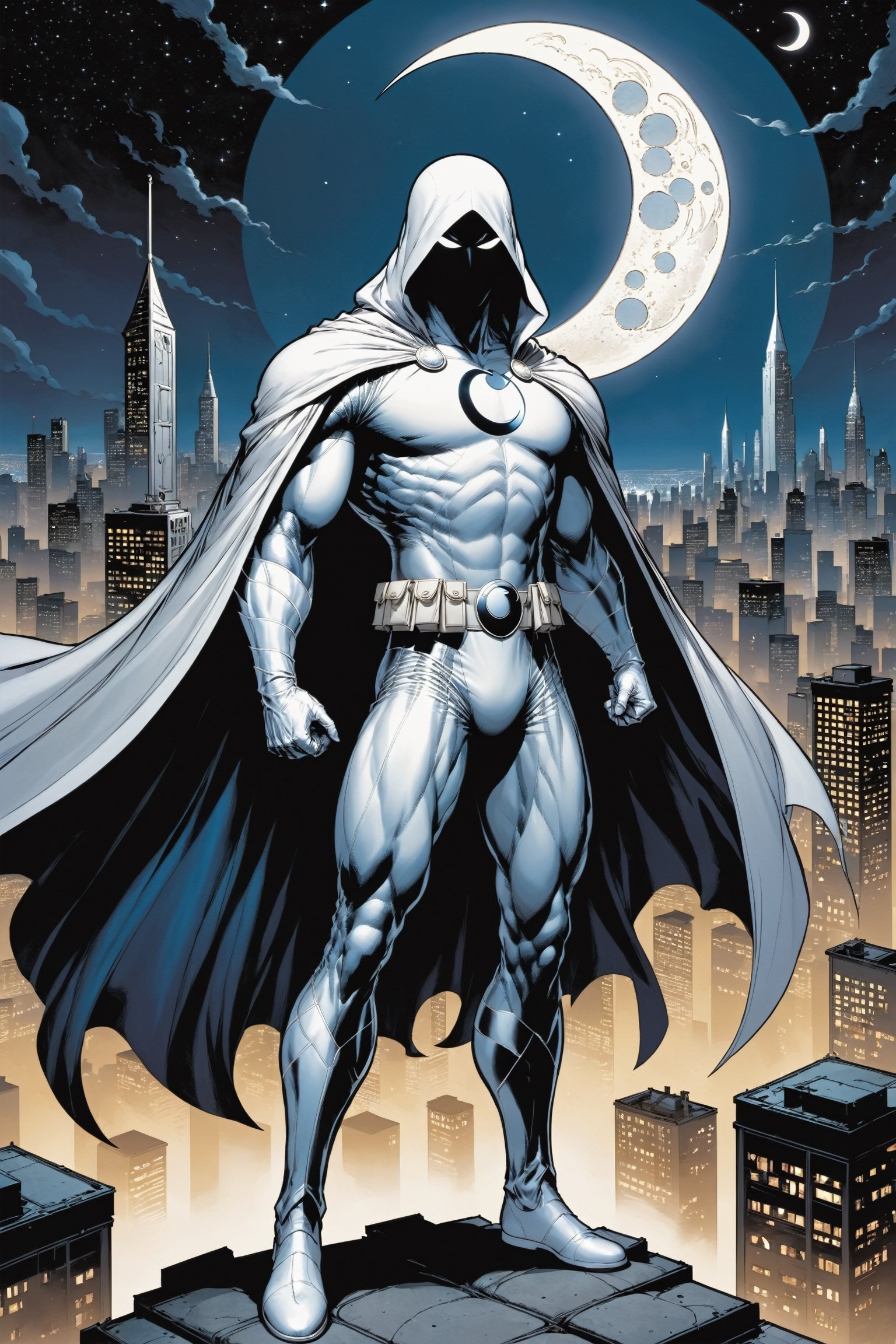 Standing atop a moonlit rooftop, the enigmatic figure known as Moon Knight cuts a striking silhouette against the city skyline. Clad in a suit of White leather, with a hooded cloak, ((adorned with intricate crescent moon motifs)), he exudes an aura of otherworldly power. His muscular physique is accentuated by the tight-fitting suit, which hugs his form like a second skin. A billowing White cape, flows behind him, adding to the air of mystique that surrounds him.

Atop his head rests a hooded cloak and cowl, concealing his features in shadow while his piercing white eyes gleam with an otherworldly intensity. In one hand, he grips a crescent-shaped staff, a versatile weapon capable of both striking down his foes and aiding in his acrobatic feats. On his utility belt, an array of gadgets and tools are holstered, ready to be deployed at a moment's notice.

With an air of silent determination, Moon Knight stands ready to mete out justice upon those who would dare to threaten the innocent, his presence a beacon of hope in the darkness of the night.