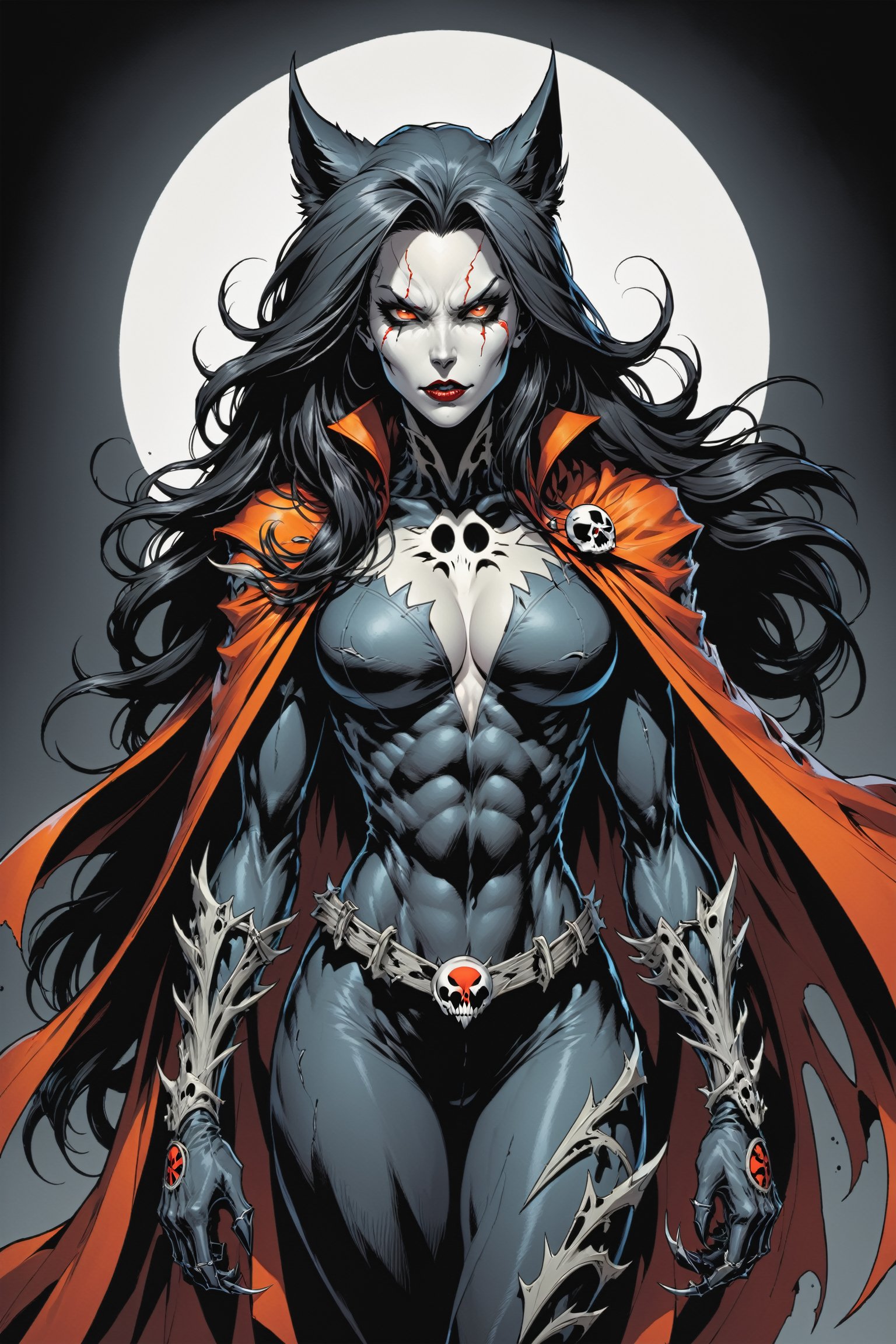 midshot, cel-shading style, centered image, ultra detailed illustration of the comic character ((female Spawn Wolf lady, by Todd McFarlane)), posing, long black long hair, Gray rus, and black suit with a skull emblem, Orange flowing cape, ((view from Behind she’s looking over her shoulder)),  ((Full Body)), (tetradic colors), inkpunk, ink lines, strong outlines, art by MSchiffer, bold traces, unframed, high contrast, cel-shaded, vector, 4k resolution, best quality, (chromatic aberration:1.8)