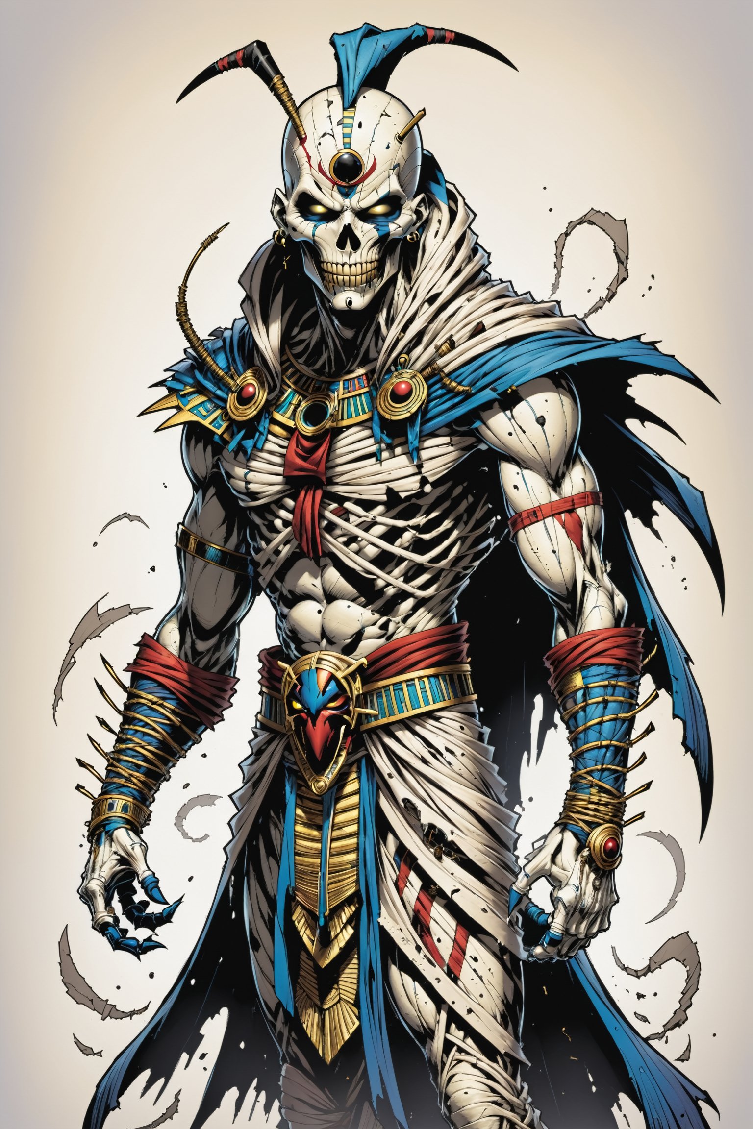 midshot, cel-shading style, centered image, ultra detailed illustration of the comic character ((male Spawn Egyptian mummy, by Todd McFarlane)), posing, wrapped in tattered bandages all over the body, ((Full Body)), (tetradic colors), inkpunk, ink lines, strong outlines, art by MSchiffer, bold traces, unframed, high contrast, cel-shaded, vector, 4k resolution, best quality, (chromatic aberration:1.8)