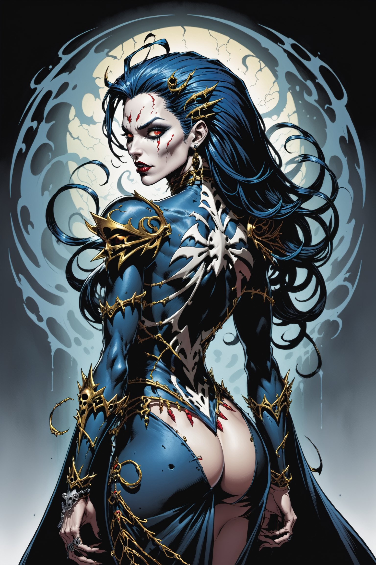 midshot, cel-shading style, centered image, ultra detailed illustration of the comic character ((female Spawn Queen of the Damned by Todd McFarlane)), posing, Black, dress with a skull emblem, ((View from Behind she's looking over her shoulder)), ((Full Body)), ((View from behind)), (tetradic colors), inkpunk, ink lines, strong outlines, art by MSchiffer, bold traces, unframed, high contrast, cel-shaded, vector, 4k resolution, best quality, (chromatic aberration:1.8)