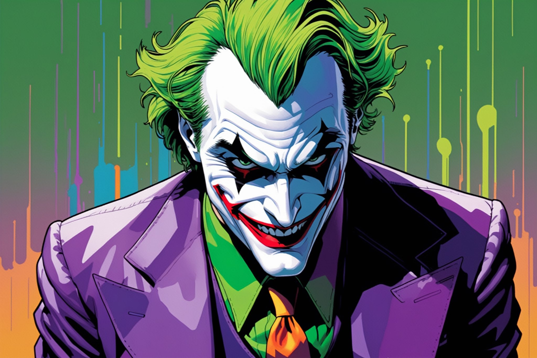 midshot, cel-shading style, centered image, ultra detailed illustration of The Joker, posing, ((Full Body)), (tetradic colors), ((inkpunk)), ((ink lines)), strong outlines, art by MSchiffer, bold traces, unframed, high contrast, cel-shaded, 4k resolution, best quality, (chromatic aberration:1.8)