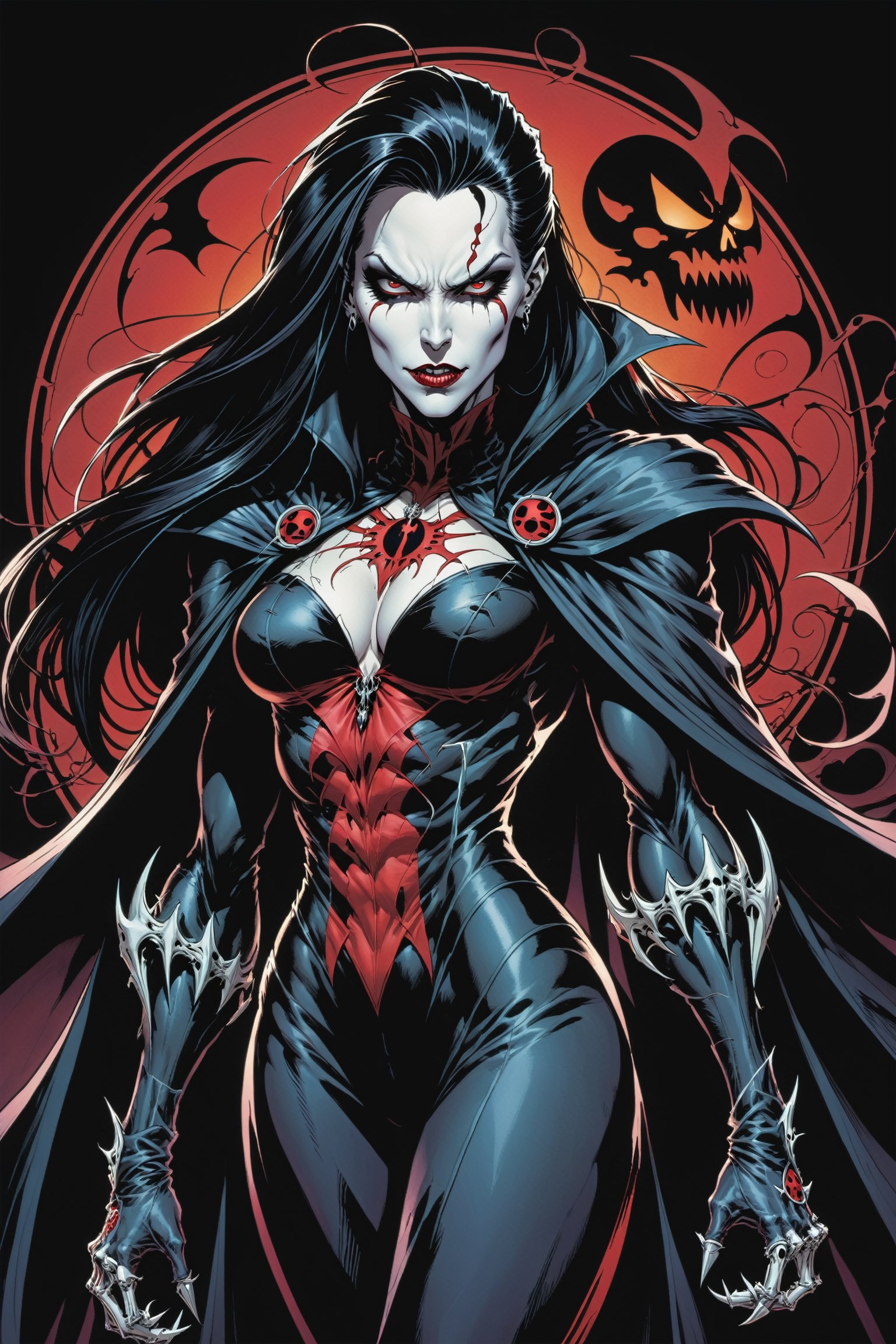 midshot, cel-shading style, centered image, ultra detailed illustration of the comic character ((female Spawn Dracula, by Todd McFarlane)), posing, she has long black hair, black suit with a skull emblem, long flowing cape, ((Half Body)), (tetradic colors), inkpunk, ink lines, strong outlines, art by MSchiffer, bold traces, unframed, high contrast, cel-shaded, vector, 4k resolution, best quality, (chromatic aberration:1.8)