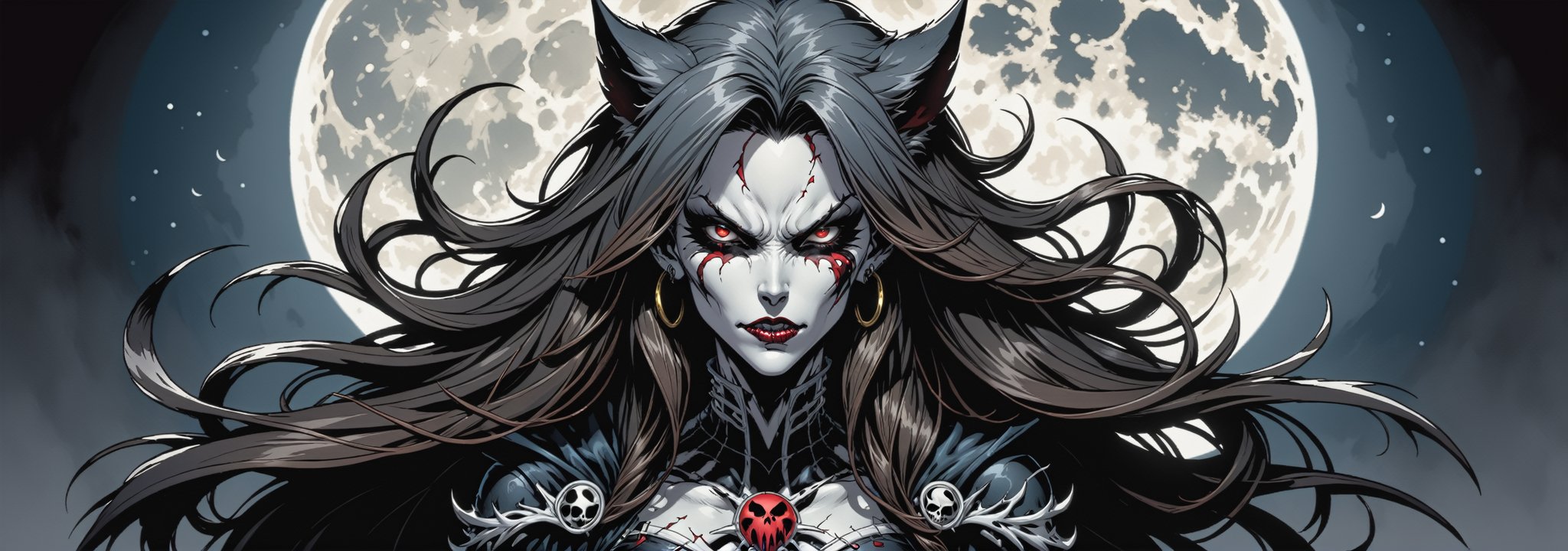 midshot, cel-shading style, centered image, ultra detailed illustration of the comic character ((female Spawn Wolf lady, by Todd McFarlane)), posing, long black long hair, Gray brown, and black suit with a skull emblem, ((view from Behind she’s looking over her shoulder)), ((Full Body)), ((perfect hands)), the moon in the background, (tetradic colors), inkpunk, ink lines, strong outlines, art by MSchiffer, bold traces, unframed, high contrast, cel-shaded, vector, 4k resolution, best quality, (chromatic aberration:1.8)