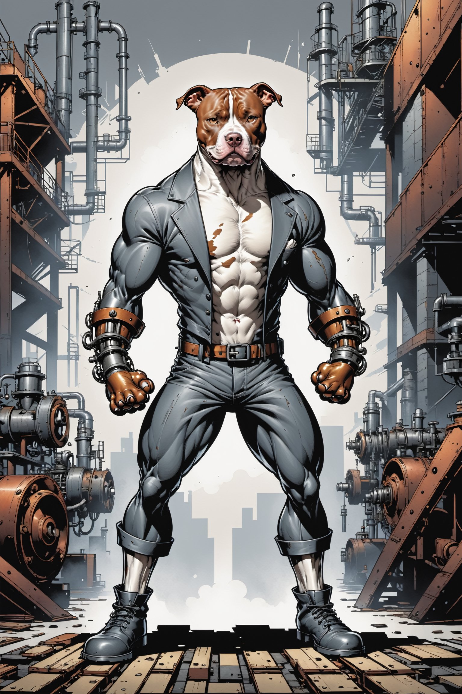 midshot, cel-shading style, centered image, ultra detailed illustration of the comic character ((The Pitbull , ((industrial background)), by Todd McFarlane)), posing, (((Full Body))),  (((it's coloring are White, brown and gray))), ((natural colors)), inkpunk, ink lines, strong outlines, art by MSchiffer, bold traces, unframed, high contrast, cel-shaded, vector, 4k resolution, best quality, (chromatic aberration:1.8