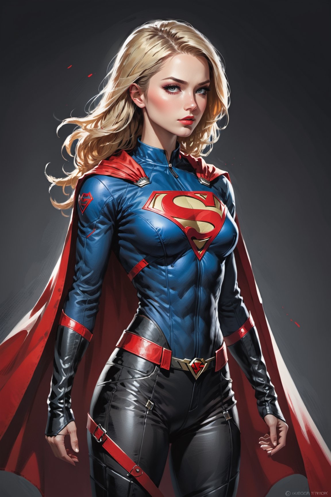 dark, gritty, realistic, mix of bold dark lines and loose lines, bold lines, on paper, turnaround character sheet, a stunningly beautiful (masterpiece, best quality:1.3), (2d:1.3), ink (medium), t-shirt design, White background, ((Half body)),portrait, supergirl, long red cape, outer_space, space hair, levitating, sky, zero gravity, above city, (((View from behind, she is looking over her shoulder))), depth_of_field bits of color, Sketch book, hand drawn, dark, gritty, realistic sketch, Rough sketch, mix of bold dark lines and loose lines, bold lines, Black paper, turnaround character sheet, arcane symbols, runes, dark theme, flowing partially blonde hair, handsome, ((all black padded leather clothing with red accents)), embroidered with runes, modest, black leather pants,  leather rune embroidered boots, (sharp lines), lines of bold ink, strong outlines, bold strokes, high contrast, (professional vector), best quality, flat colors, flat lights, no shadows, low levels, ((geometric shapes)), paint splatters, ((arcane symbols)), runes, dark theme, Perfect composition golden ratio, masterpiece, best quality, 4k, sharp focus. Better hand, perfect anatomy, ((safe for work))