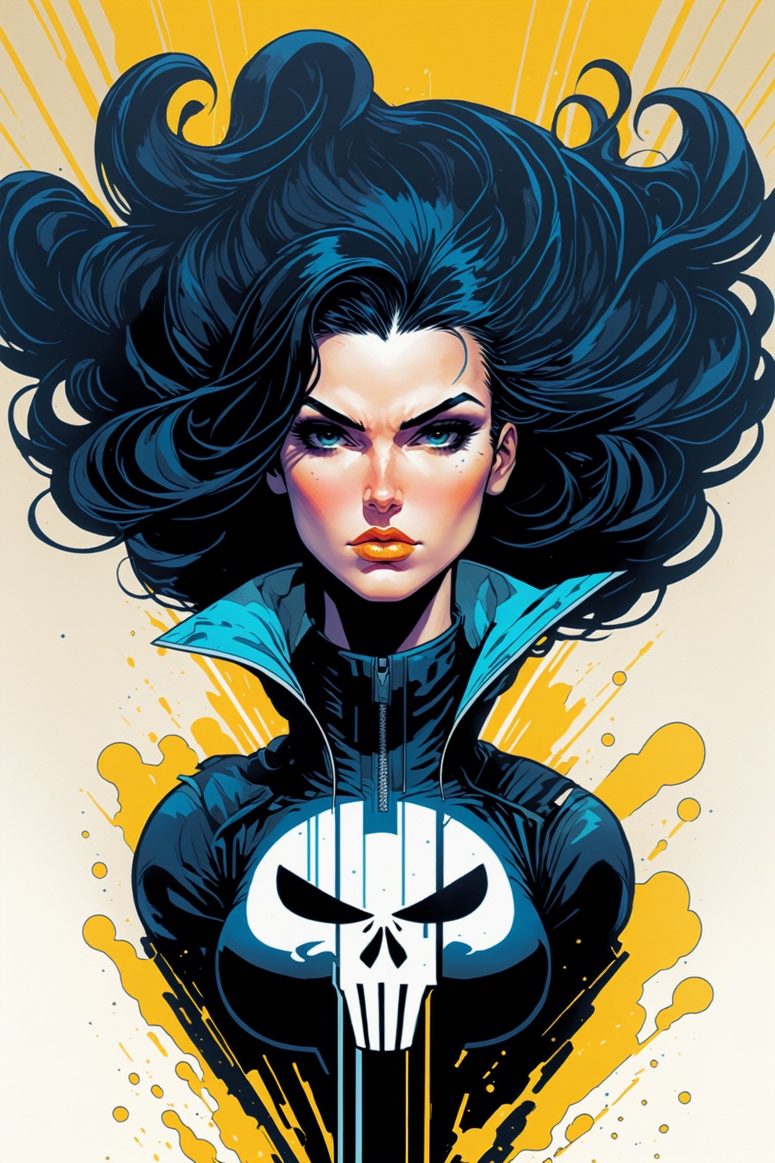 midshot, cel-shading style, centered image, ultra detailed illustration of the comic character, a female Punisher, posing, flowing Maine of black hair, ((Full Body)), (tetradic colors), inkpunk, ink lines, strong outlines, art by MSchiffer, bold traces, unframed, high contrast, cel-shaded, vector, 4k resolution, best quality, (chromatic aberration:1.8)