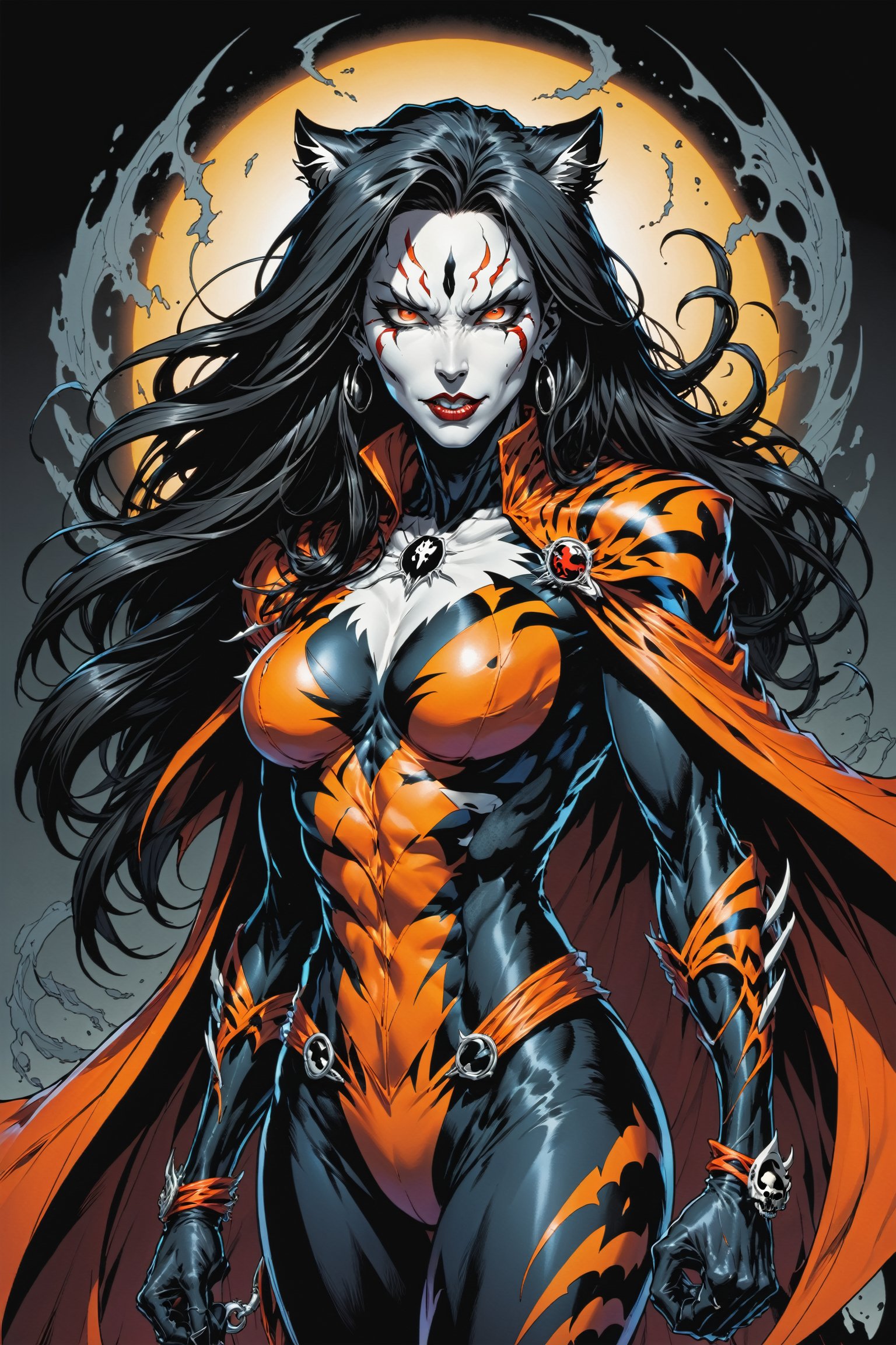 midshot, cel-shading style, centered image, ultra detailed illustration of the comic character ((female Spawn Tiger lady, by Todd McFarlane)), posing, long black long hair, ((she has a tiger tail)),Orange and black suit with a skull emblem, Orange flowing cape, ((view from Behind she’s looking over her shoulder)),  ((Full Body)), (tetradic colors), inkpunk, ink lines, strong outlines, art by MSchiffer, bold traces, unframed, high contrast, cel-shaded, vector, 4k resolution, best quality, (chromatic aberration:1.8)