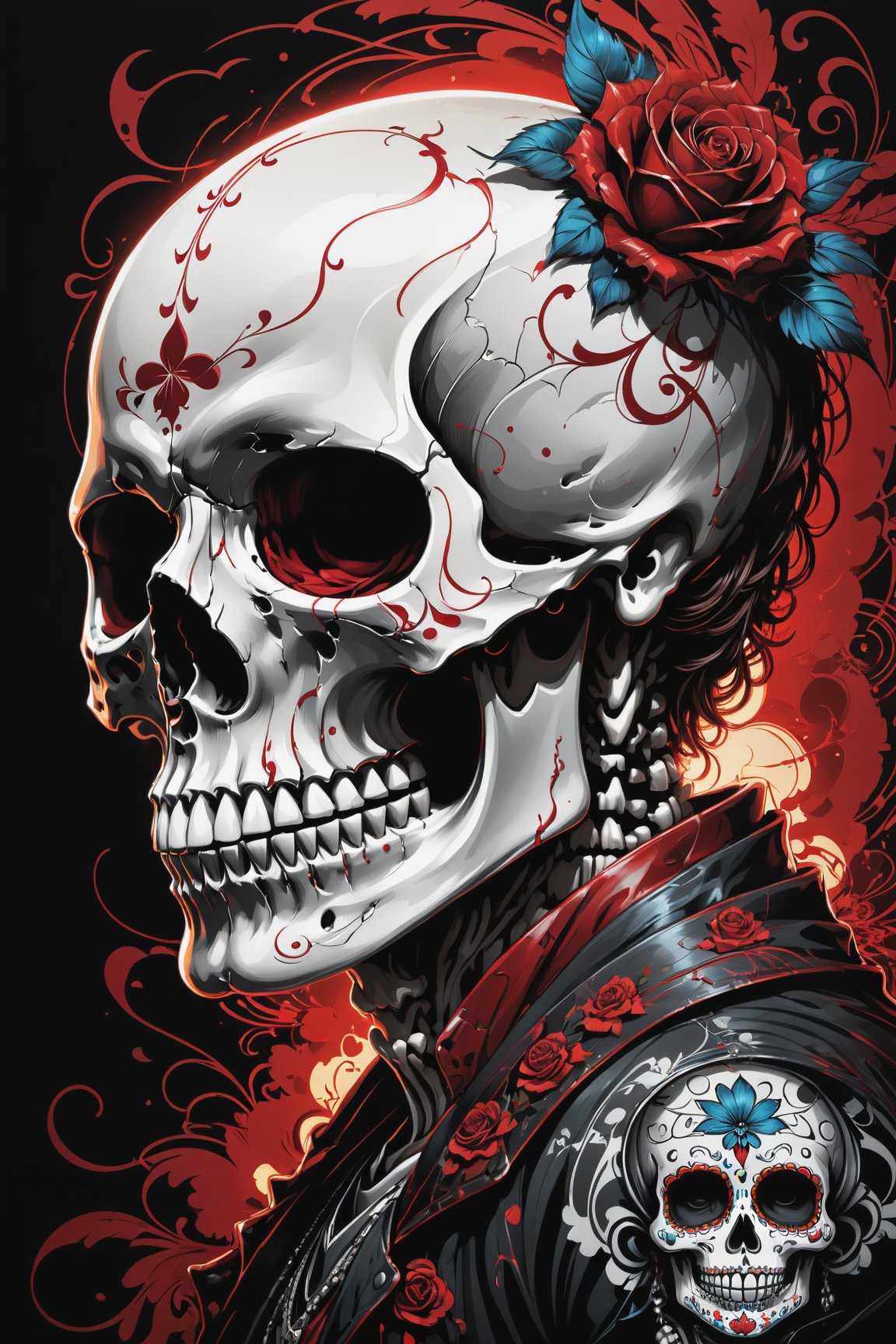 cel-shading style, centered image, ultra detailed illustration of the comic character (( a Very detailed illustration of a ((best quality)), ((masterpiece)), (detailed), mesmerizing, the skull, day of the dead art by linyu hong, in the style of dark white and red, graffiti art, realistic hyper-detail, intricate composition, monumental murals, silver and red, contemporary chicano(masterpiece, best quality, ultra-detailed) , unsettling atmosphere, high key lighting , vector Black, red, , staGlenn Brown, Carne Griffiths, Alex Ross, artgerm and james jean bangs, by Todd McFarlane)),  (((perfect hands))), (((dark Moody candlelight in the background))), accent of rust, (tetradic colors), inkpunk, ink lines, strong outlines, art by MSchiffer, bold traces, unframed, high contrast, cel-shaded, vector, 4k resolution,