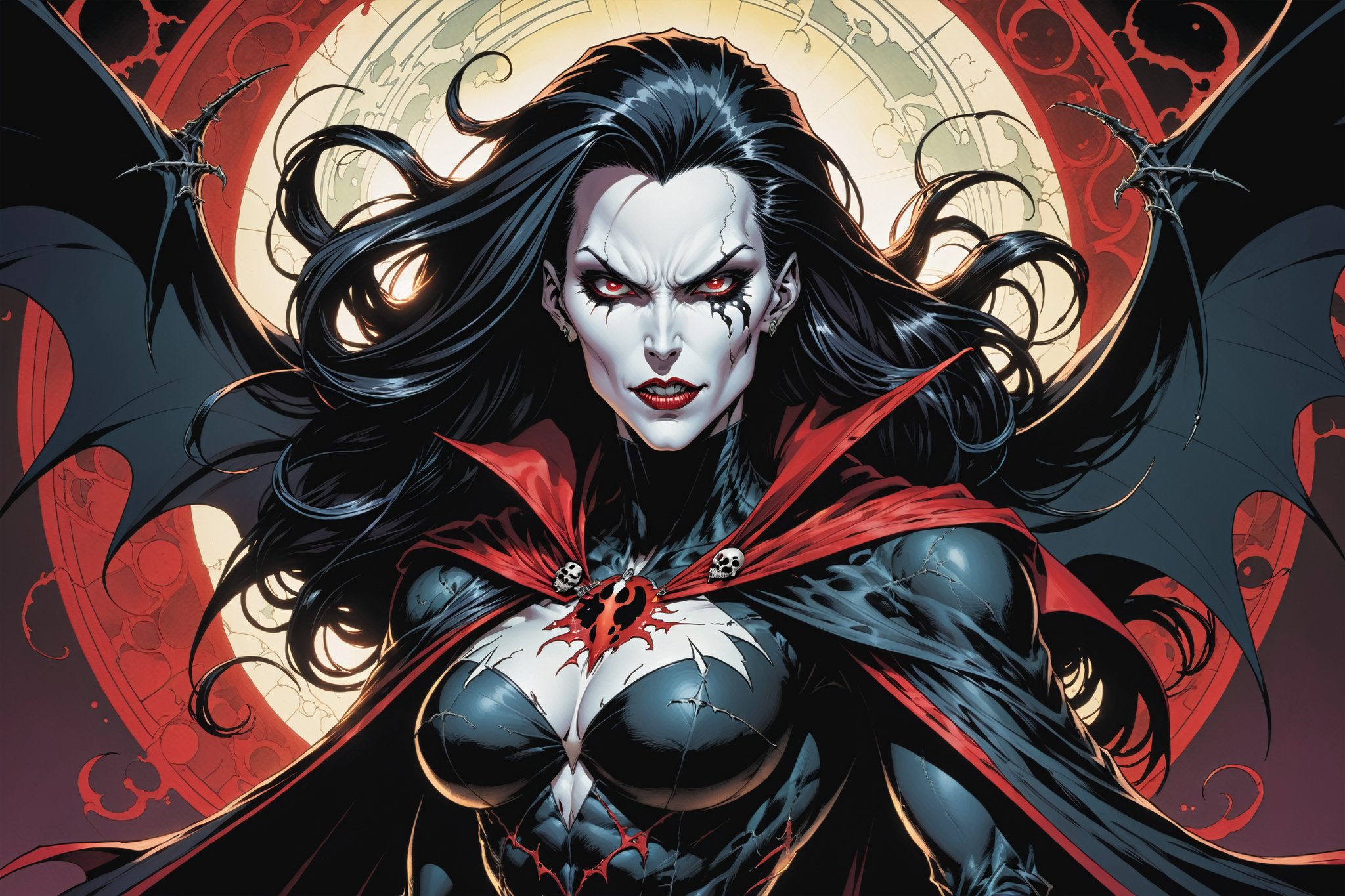 midshot, cel-shading style, centered image, ultra detailed illustration of the comic character ((female Spawn Dracula, by Todd McFarlane)), posing, she has long black hair, black suit with a skull emblem, long flowing cape, ((Half Body)), (tetradic colors), inkpunk, ink lines, strong outlines, art by MSchiffer, bold traces, unframed, high contrast, cel-shaded, vector, 4k resolution, best quality, (chromatic aberration:1.8)