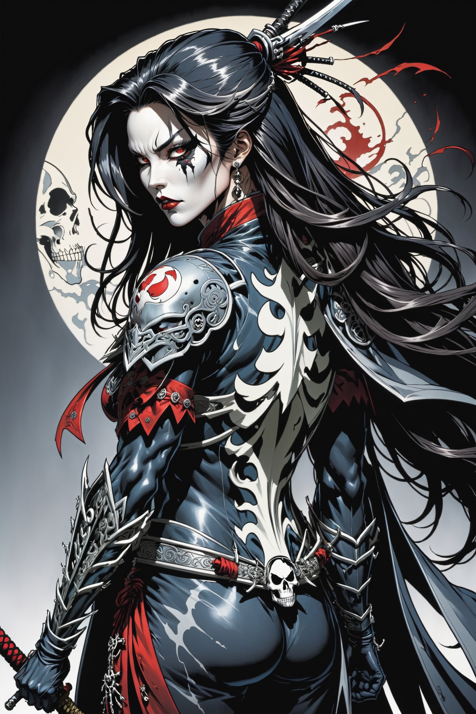 midshot, cel-shading style, centered image, ultra detailed illustration of the comic character ((female Spawn Samurai lady, by Todd McFarlane)), posing, long black long hair, silver and black suit with a skull emblem, long flowing cape,  holding samurai sword, ((view from Behind she’s looking over her shoulder)), ((Full Body)), (tetradic colors), inkpunk, ink lines, strong outlines, art by MSchiffer, bold traces, unframed, high contrast, cel-shaded, vector, 4k resolution, best quality, (chromatic aberration:1.8)