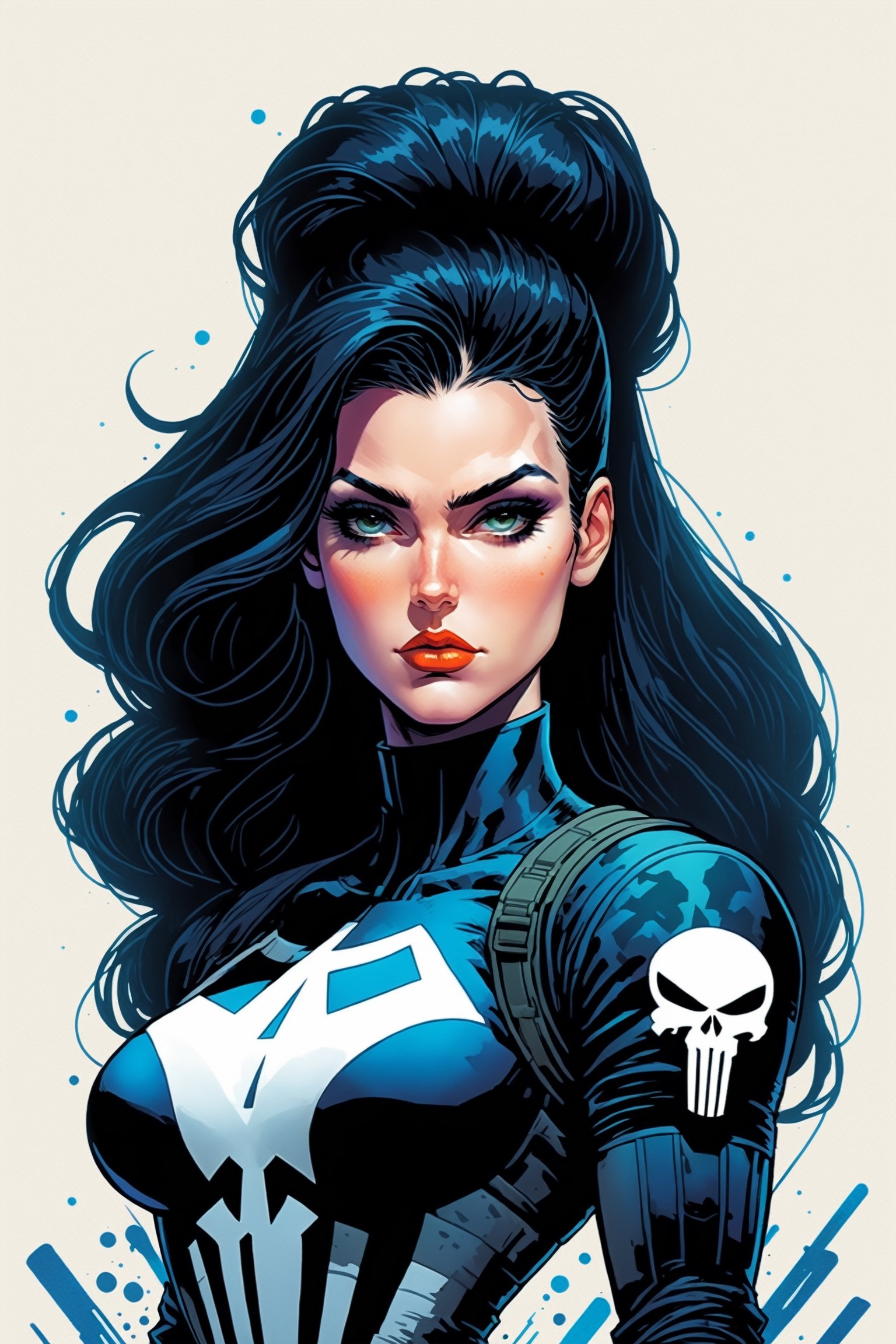 midshot, cel-shading style, centered image, ultra detailed illustration of the comic character, a female Punisher, posing, long Maine of black hair, ((Full Body)), (tetradic colors), inkpunk, ink lines, strong outlines, art by MSchiffer, bold traces, unframed, high contrast, cel-shaded, vector, 4k resolution, best quality, (chromatic aberration:1.8)