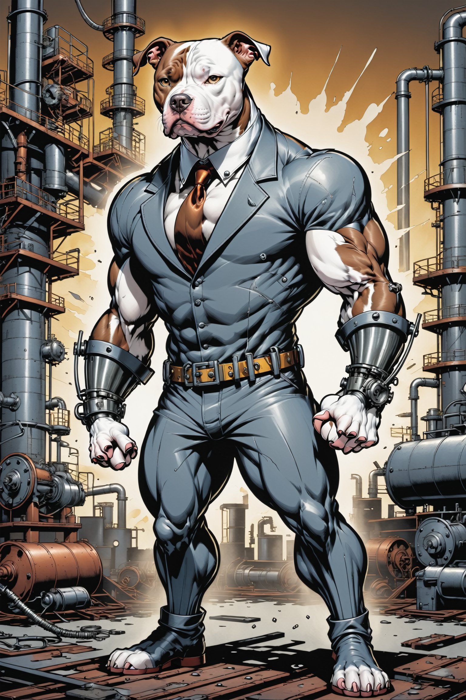 midshot, cel-shading style, centered image, ultra detailed illustration of the comic character ((The Pitbull , ((industrial background)), by Todd McFarlane)), posing, (((Full Body))),  (((it's coloring are White, brown and gray))), ((natural colors)), inkpunk, ink lines, strong outlines, art by MSchiffer, bold traces, unframed, high contrast, cel-shaded, vector, 4k resolution, best quality, (chromatic aberration:1.8