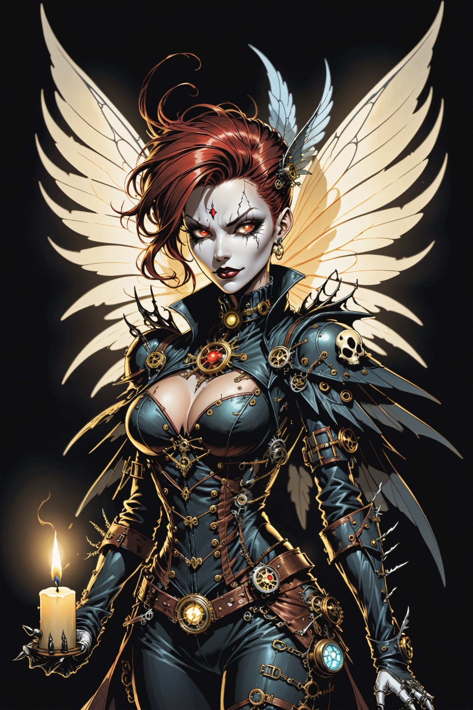 midshot, cel-shading style, centered image, ultra detailed illustration of the comic character ((female Spawn a steampunk faerie, her delicate wings shimmering in the soft glow of candlelight, by Todd McFarlane)), posing, in black and bronze suit with a skull emblem, ((holding a candle in one hand)), ((perfect hands)), ((closed hands)), ((Half Body)), (tetradic colors), inkpunk, ink lines, strong outlines, art by MSchiffer, bold traces, unframed, high contrast, cel-shaded, vector, 4k resolution, best quality, (chromatic aberration:1.8)